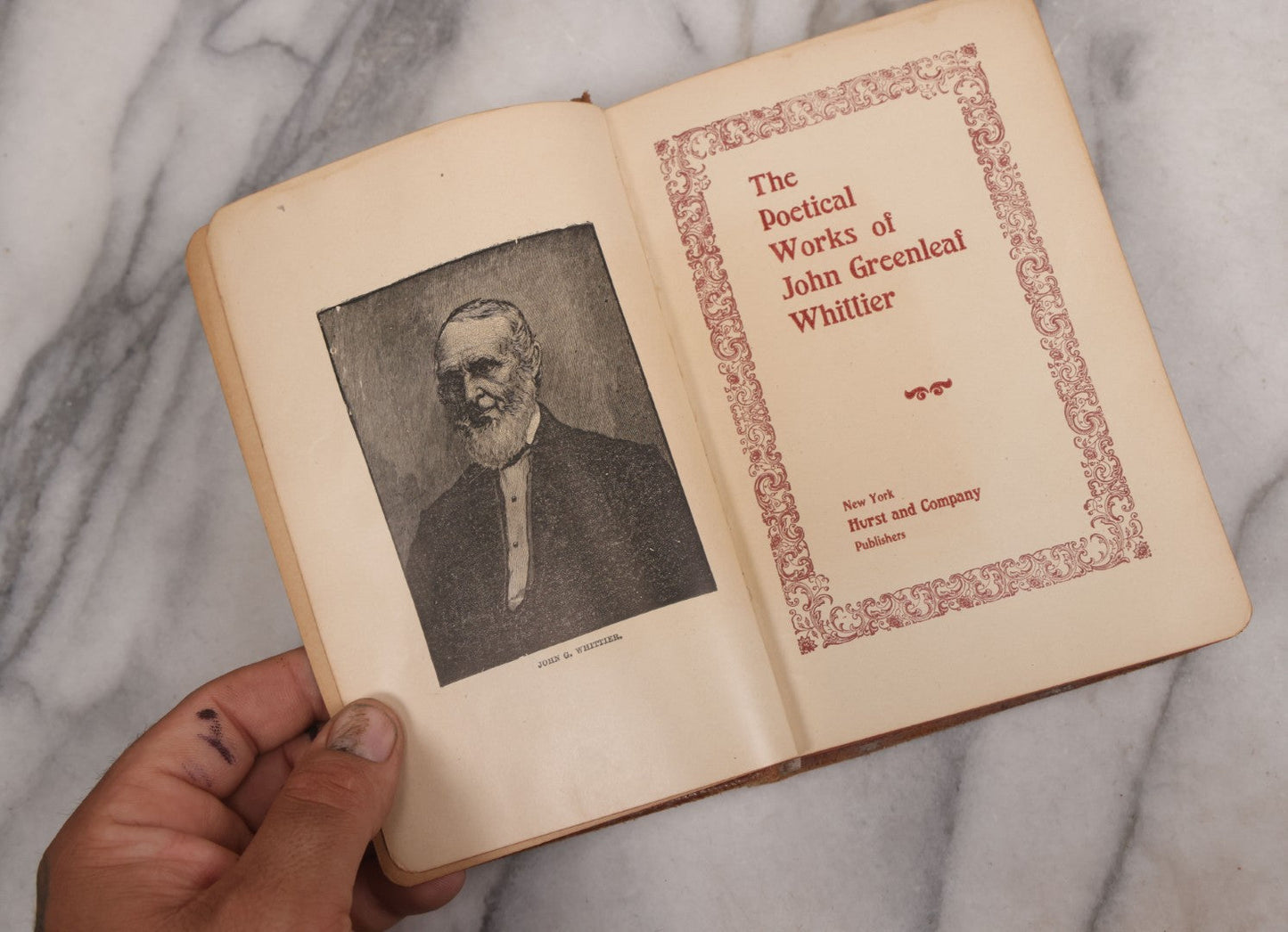 Lot 108 - Whittier's Poems Antique Poetry Book With Leather Cover, Gold Embossed Lettering And Embossed Flower Design On Covers And Spine, With Engraved Portrait Of Whittier Frontispiece, Red And Gold Fore Edge, Hurst And Company, Publishers, New York