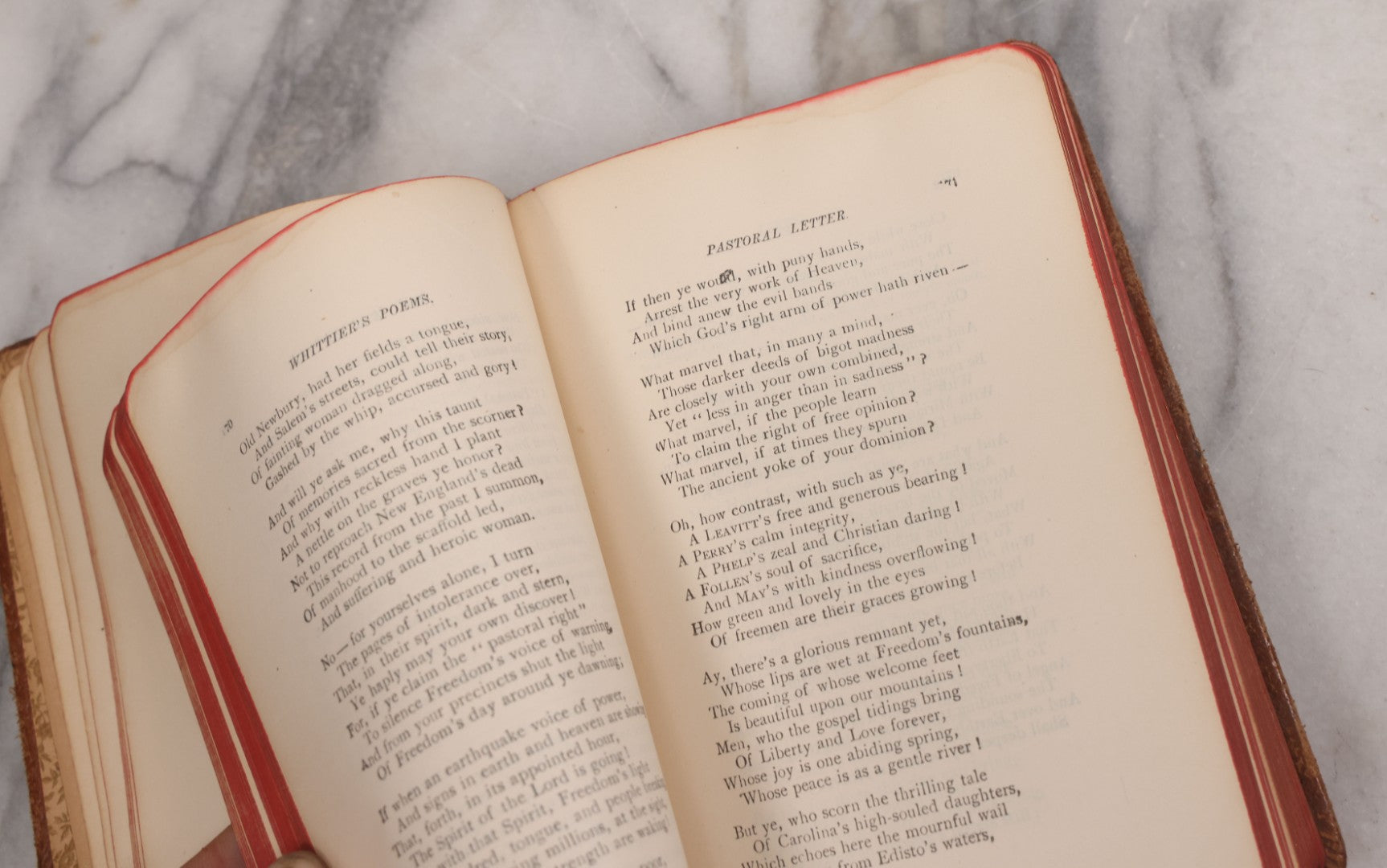 Lot 108 - Whittier's Poems Antique Poetry Book With Leather Cover, Gold Embossed Lettering And Embossed Flower Design On Covers And Spine, With Engraved Portrait Of Whittier Frontispiece, Red And Gold Fore Edge, Hurst And Company, Publishers, New York