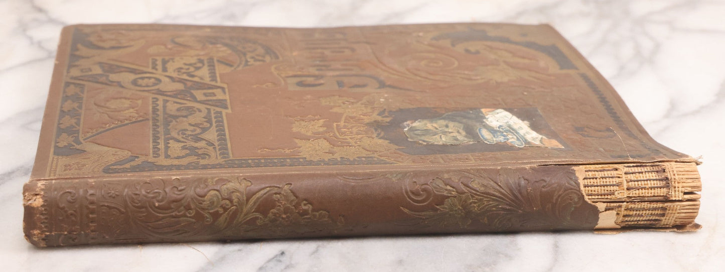 Lot 116 - Antique Victorian Scrapbook Album With Cat, Other Designs On Cover Containing 100+ Pieces Including Trade Cards, Die Cuts, Calling Cards, And Other Scraps