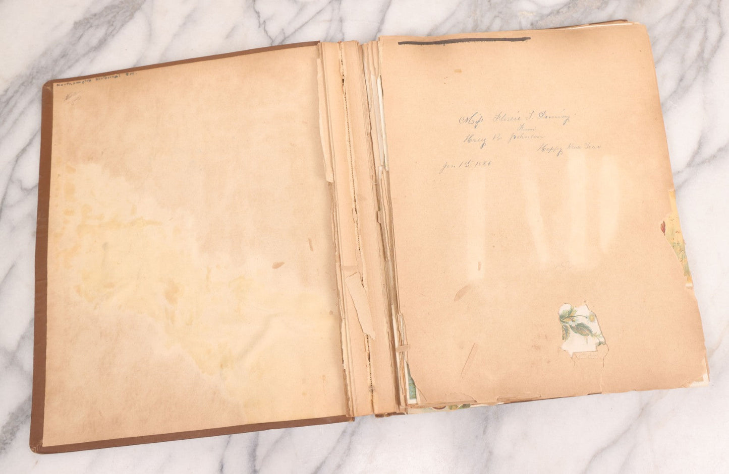 Lot 116 - Antique Victorian Scrapbook Album With Cat, Other Designs On Cover Containing 100+ Pieces Including Trade Cards, Die Cuts, Calling Cards, And Other Scraps