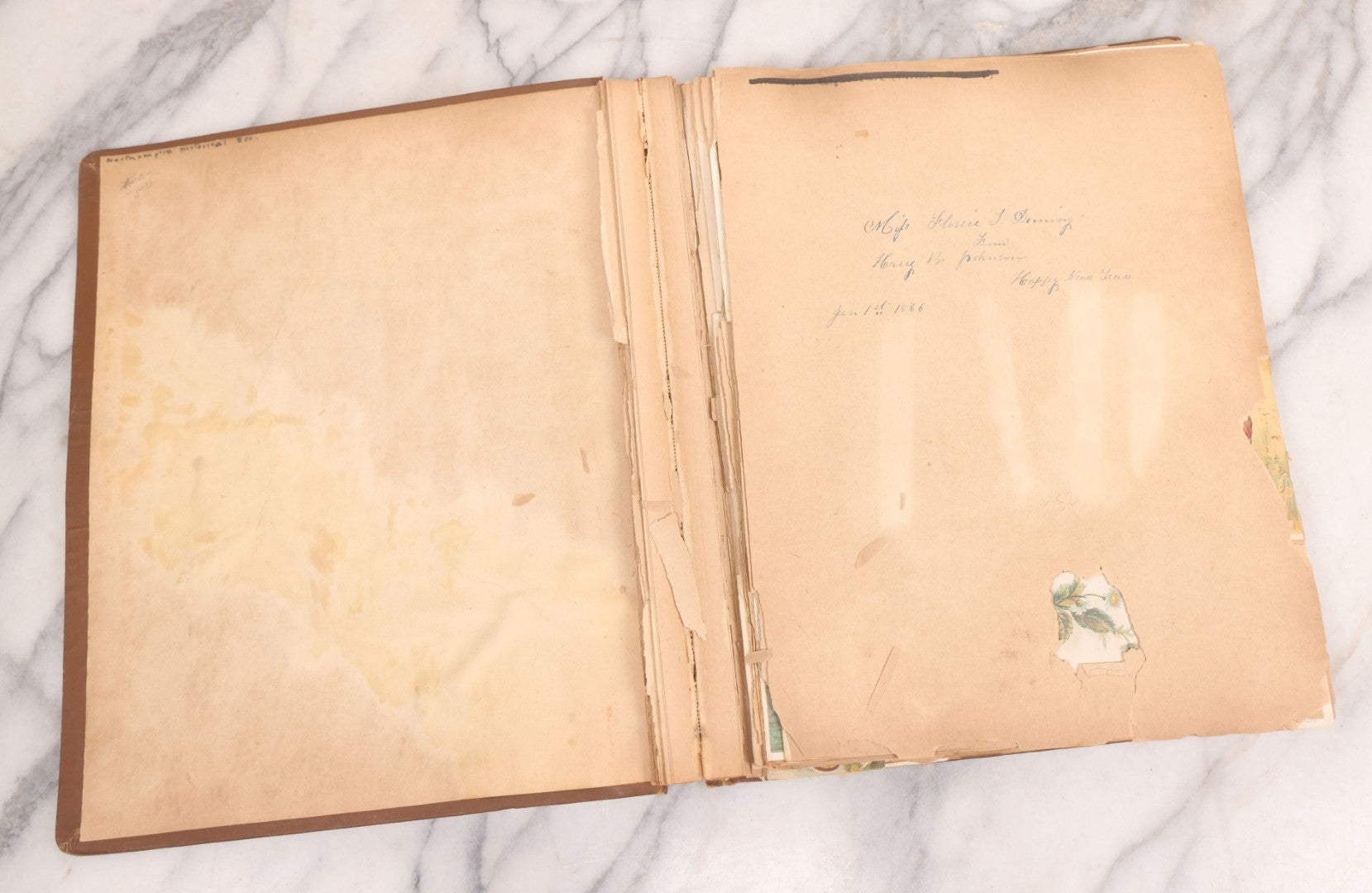 Lot 116 - Antique Victorian Scrapbook Album With Cat, Other Designs On Cover Containing 100+ Pieces Including Trade Cards, Die Cuts, Calling Cards, And Other Scraps