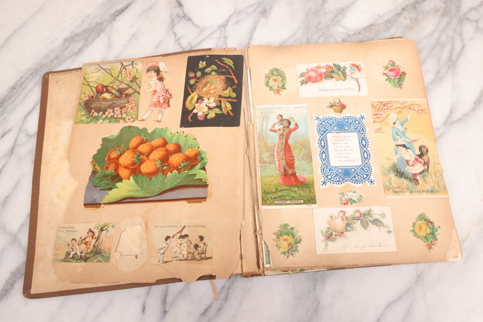 Lot 116 - Antique Victorian Scrapbook Album With Cat, Other Designs On Cover Containing 100+ Pieces Including Trade Cards, Die Cuts, Calling Cards, And Other Scraps
