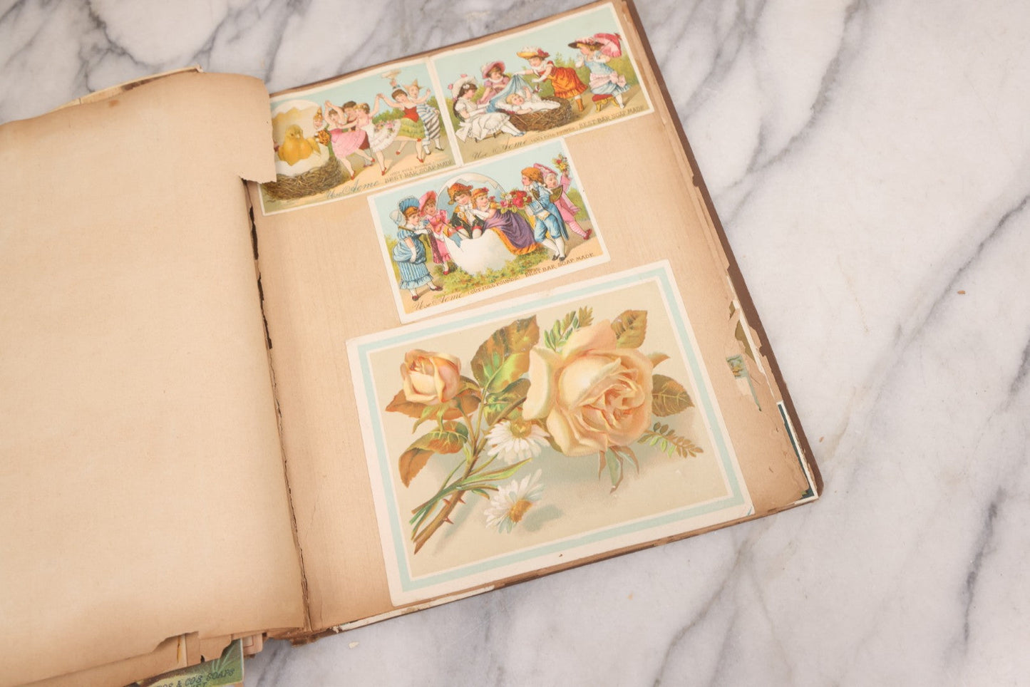 Lot 116 - Antique Victorian Scrapbook Album With Cat, Other Designs On Cover Containing 100+ Pieces Including Trade Cards, Die Cuts, Calling Cards, And Other Scraps