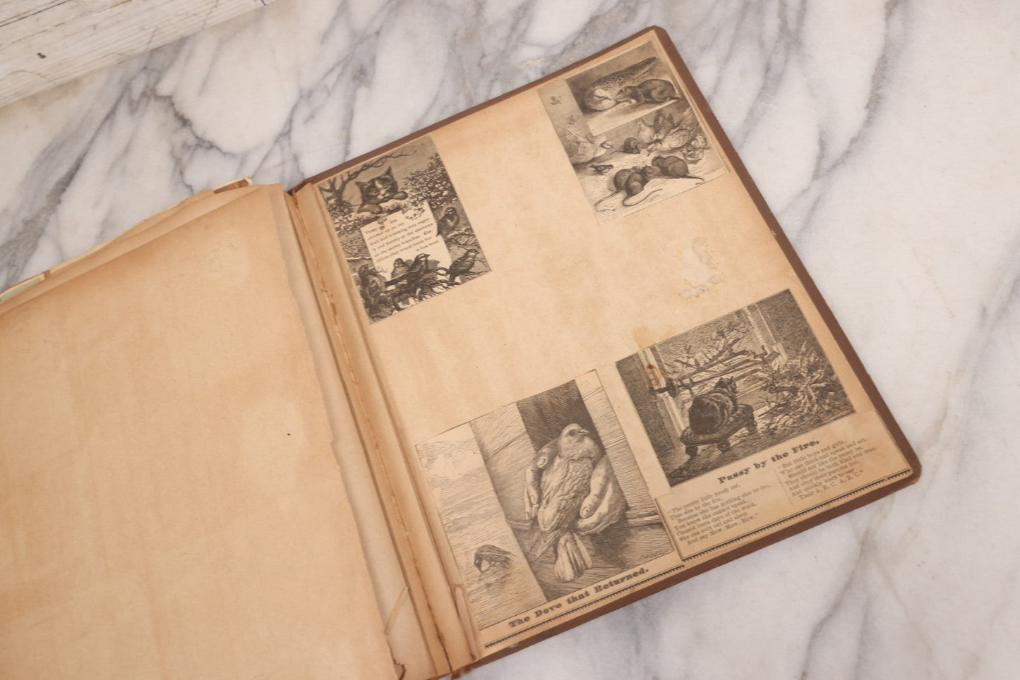 Lot 116 - Antique Victorian Scrapbook Album With Cat, Other Designs On Cover Containing 100+ Pieces Including Trade Cards, Die Cuts, Calling Cards, And Other Scraps