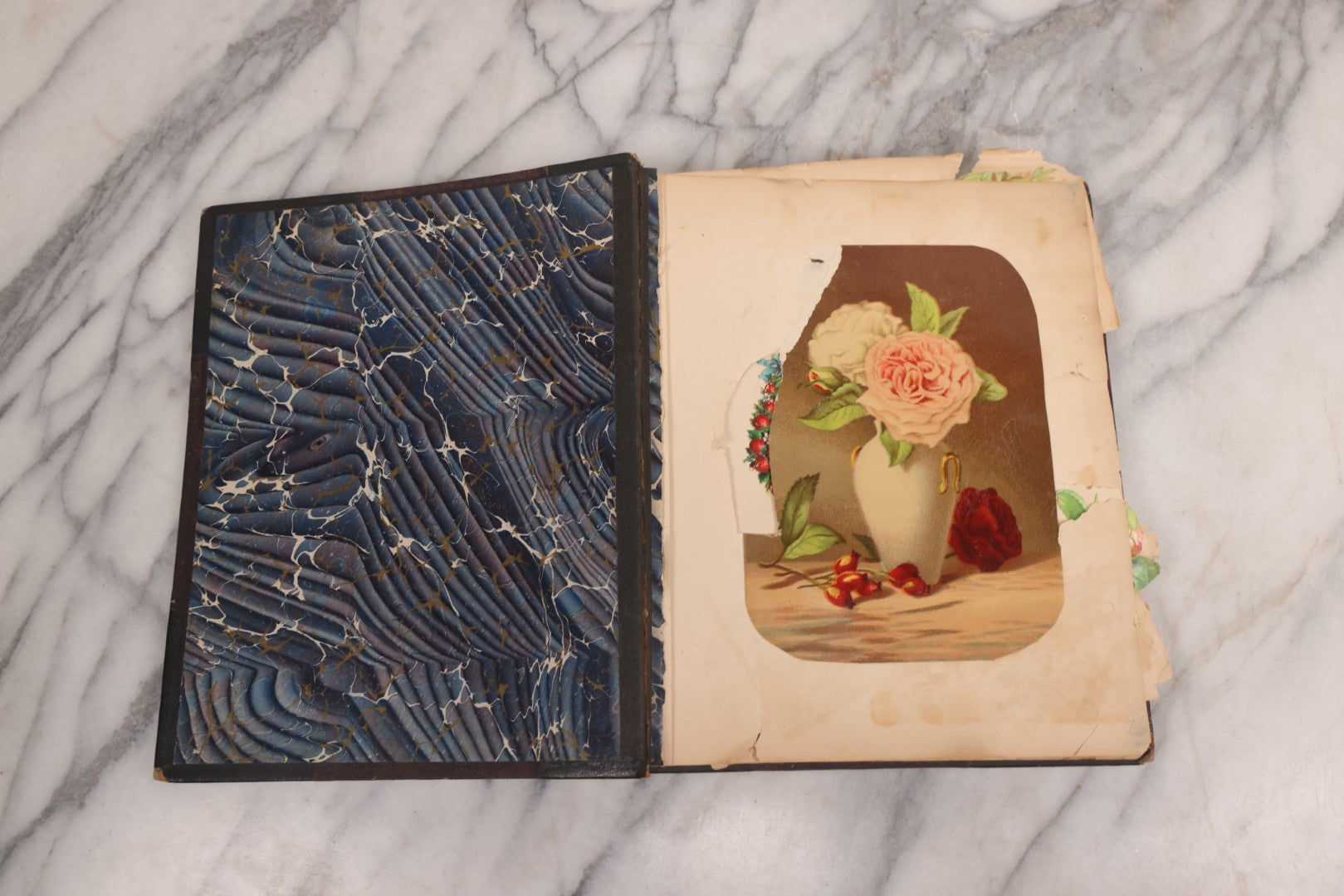Lot 117 - Antique Victorian Scrapbook "Card Album" Containing 50+ Pieces Including Trade Cards, Die Cuts, Calling Cards, And Other Scraps