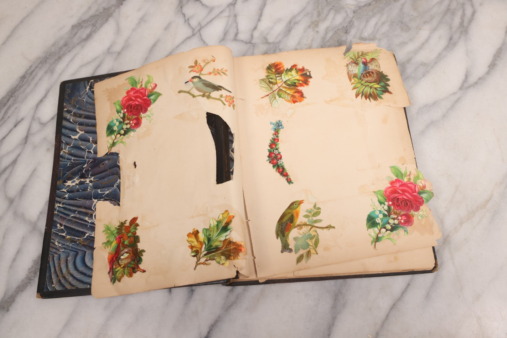 Lot 117 - Antique Victorian Scrapbook "Card Album" Containing 50+ Pieces Including Trade Cards, Die Cuts, Calling Cards, And Other Scraps