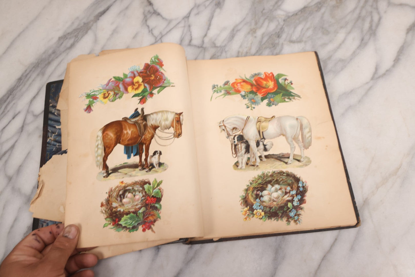 Lot 117 - Antique Victorian Scrapbook "Card Album" Containing 50+ Pieces Including Trade Cards, Die Cuts, Calling Cards, And Other Scraps