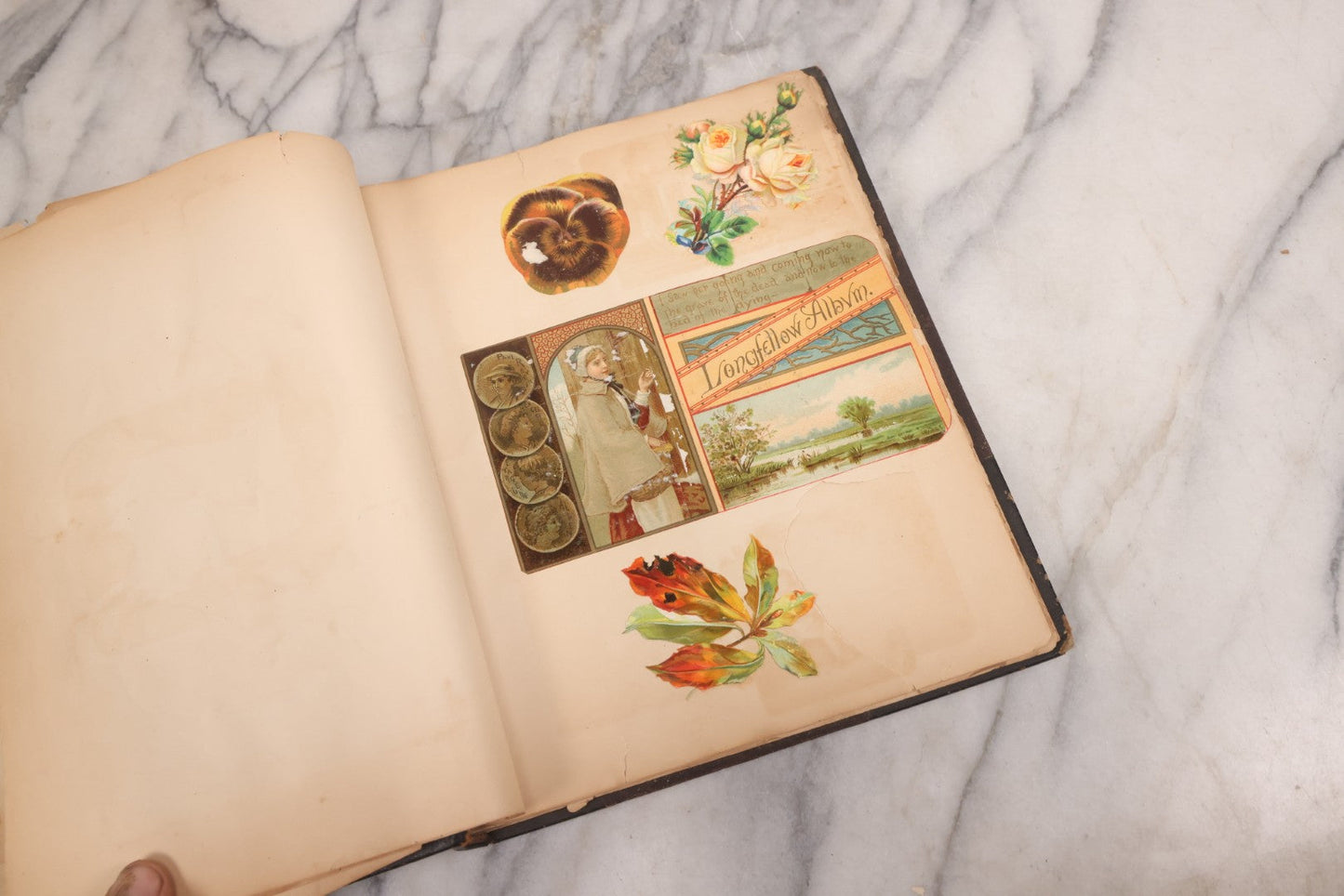 Lot 117 - Antique Victorian Scrapbook "Card Album" Containing 50+ Pieces Including Trade Cards, Die Cuts, Calling Cards, And Other Scraps