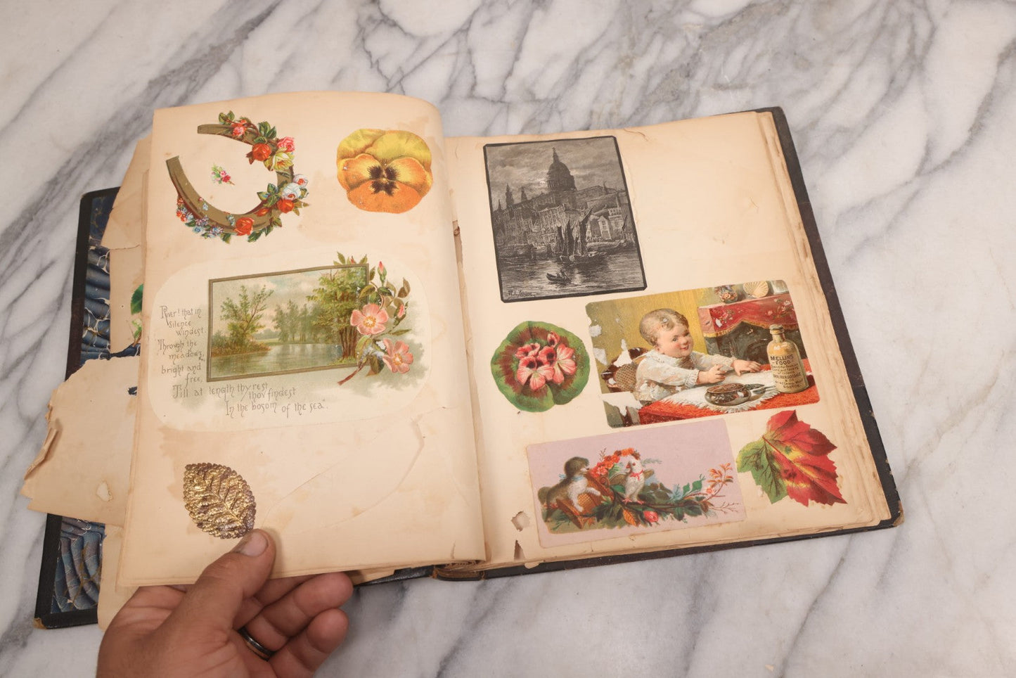 Lot 117 - Antique Victorian Scrapbook "Card Album" Containing 50+ Pieces Including Trade Cards, Die Cuts, Calling Cards, And Other Scraps