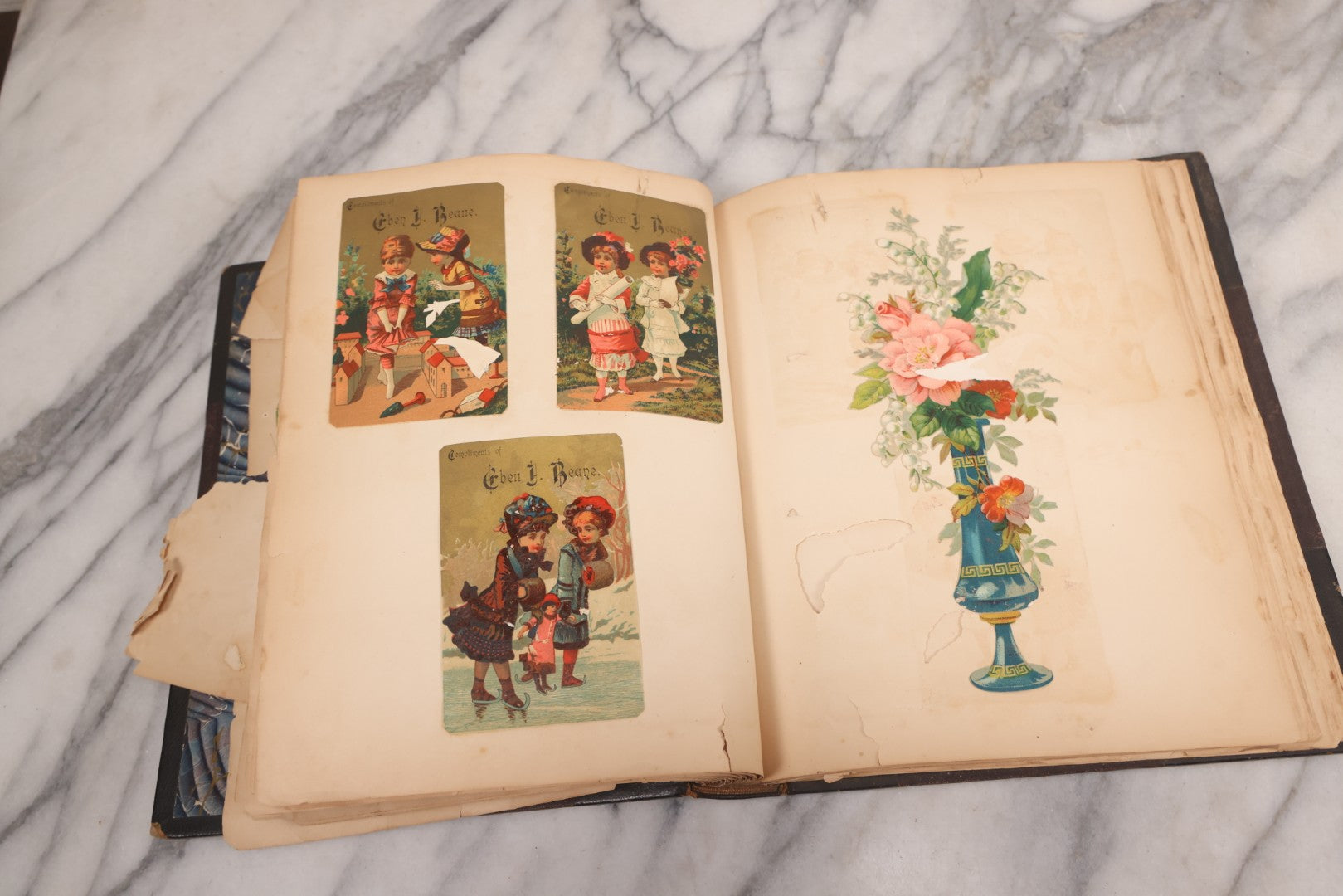 Lot 117 - Antique Victorian Scrapbook "Card Album" Containing 50+ Pieces Including Trade Cards, Die Cuts, Calling Cards, And Other Scraps