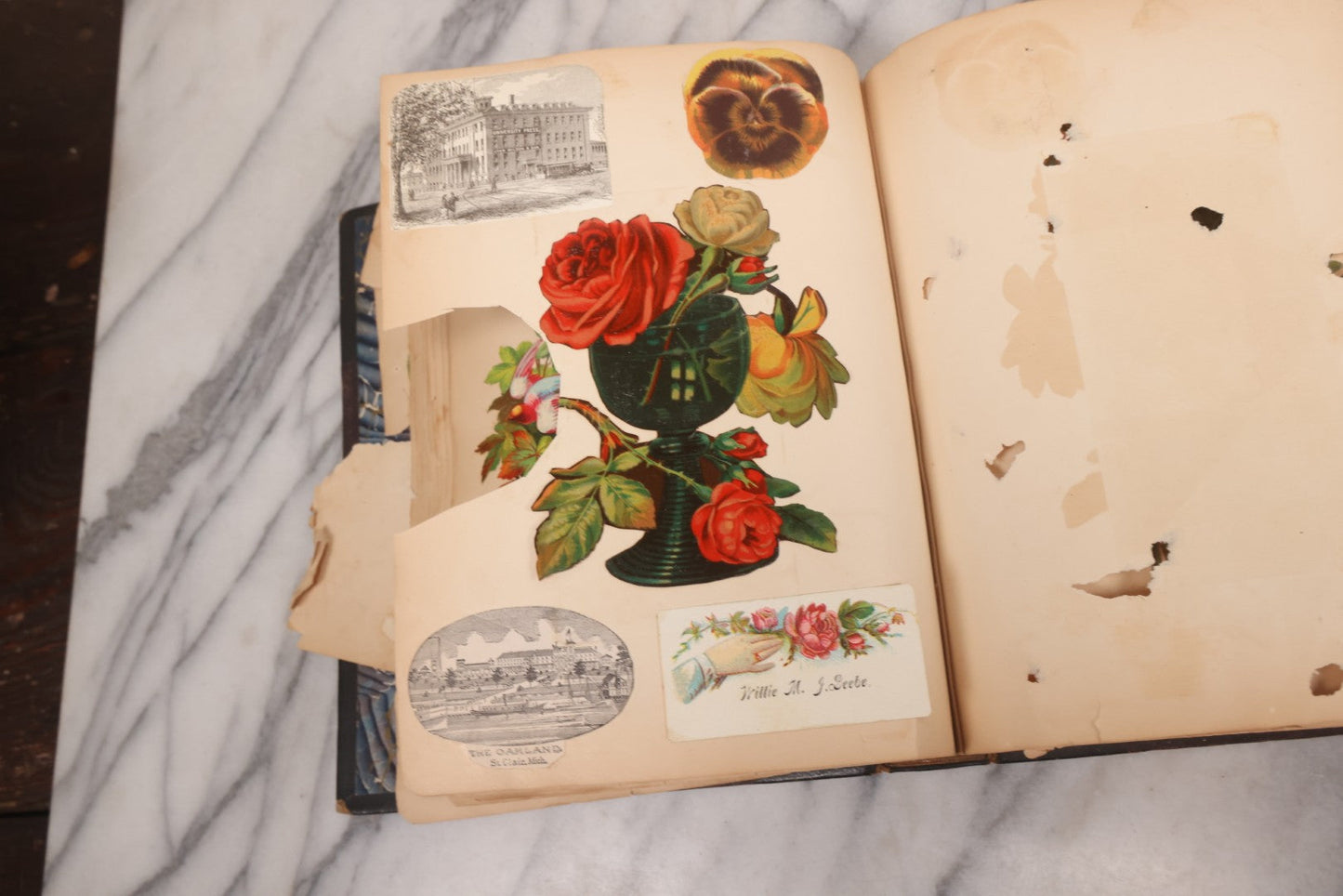 Lot 117 - Antique Victorian Scrapbook "Card Album" Containing 50+ Pieces Including Trade Cards, Die Cuts, Calling Cards, And Other Scraps