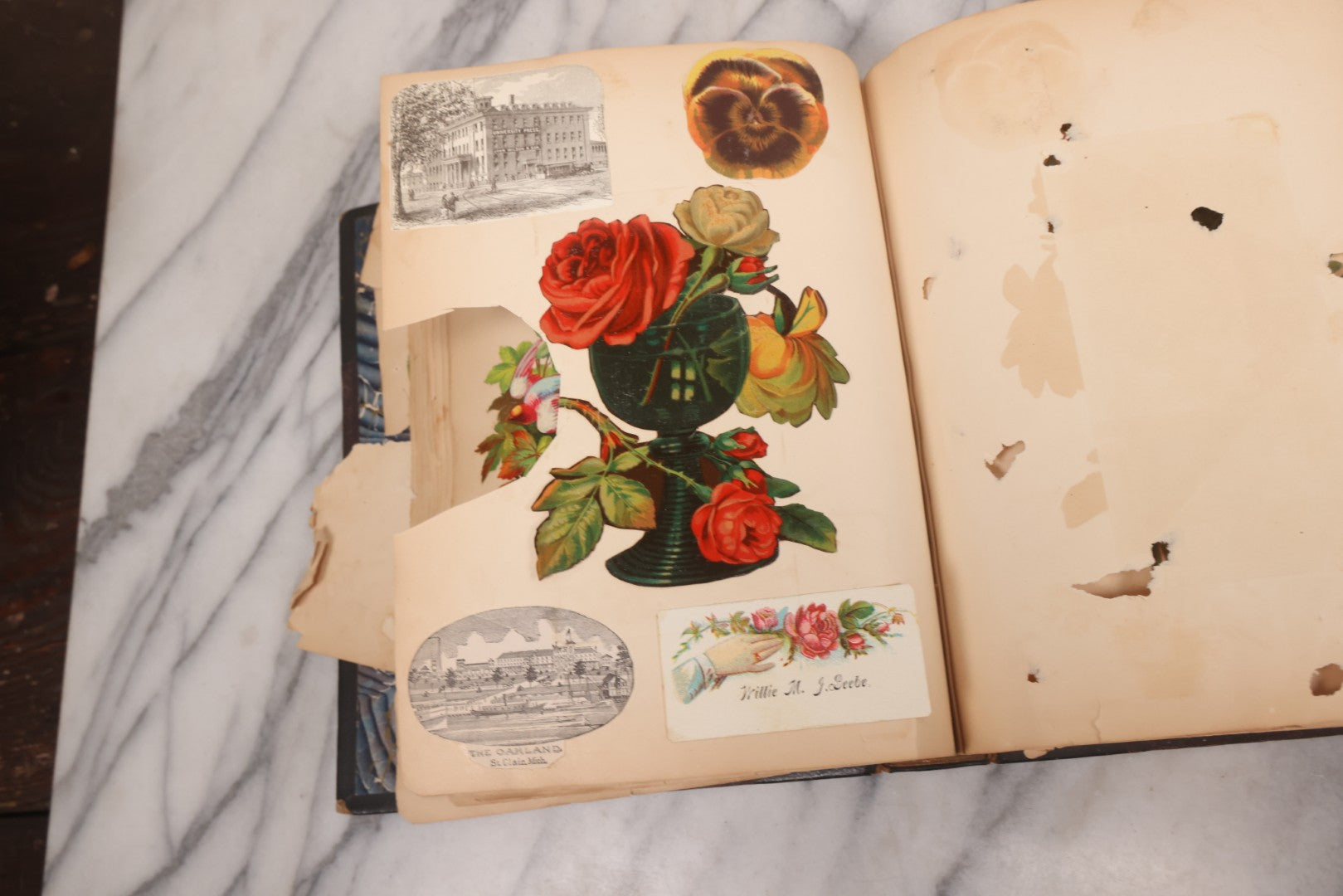 Lot 117 - Antique Victorian Scrapbook "Card Album" Containing 50+ Pieces Including Trade Cards, Die Cuts, Calling Cards, And Other Scraps