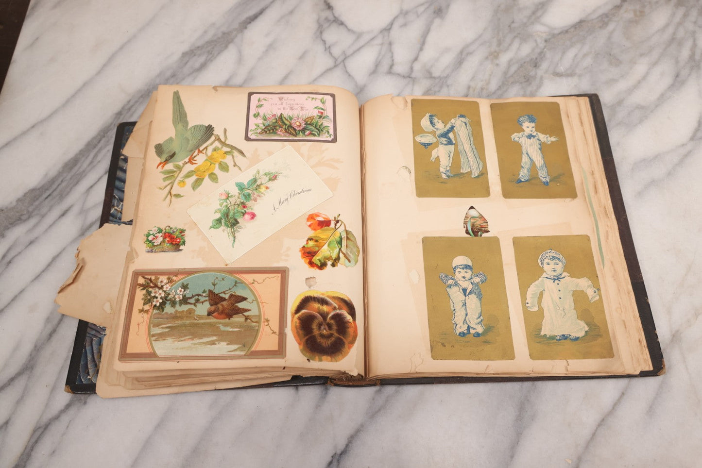 Lot 117 - Antique Victorian Scrapbook "Card Album" Containing 50+ Pieces Including Trade Cards, Die Cuts, Calling Cards, And Other Scraps