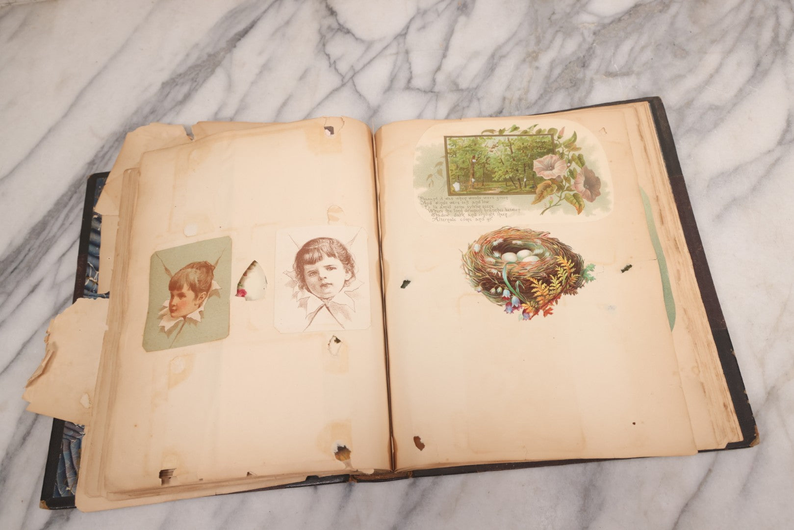 Lot 117 - Antique Victorian Scrapbook "Card Album" Containing 50+ Pieces Including Trade Cards, Die Cuts, Calling Cards, And Other Scraps