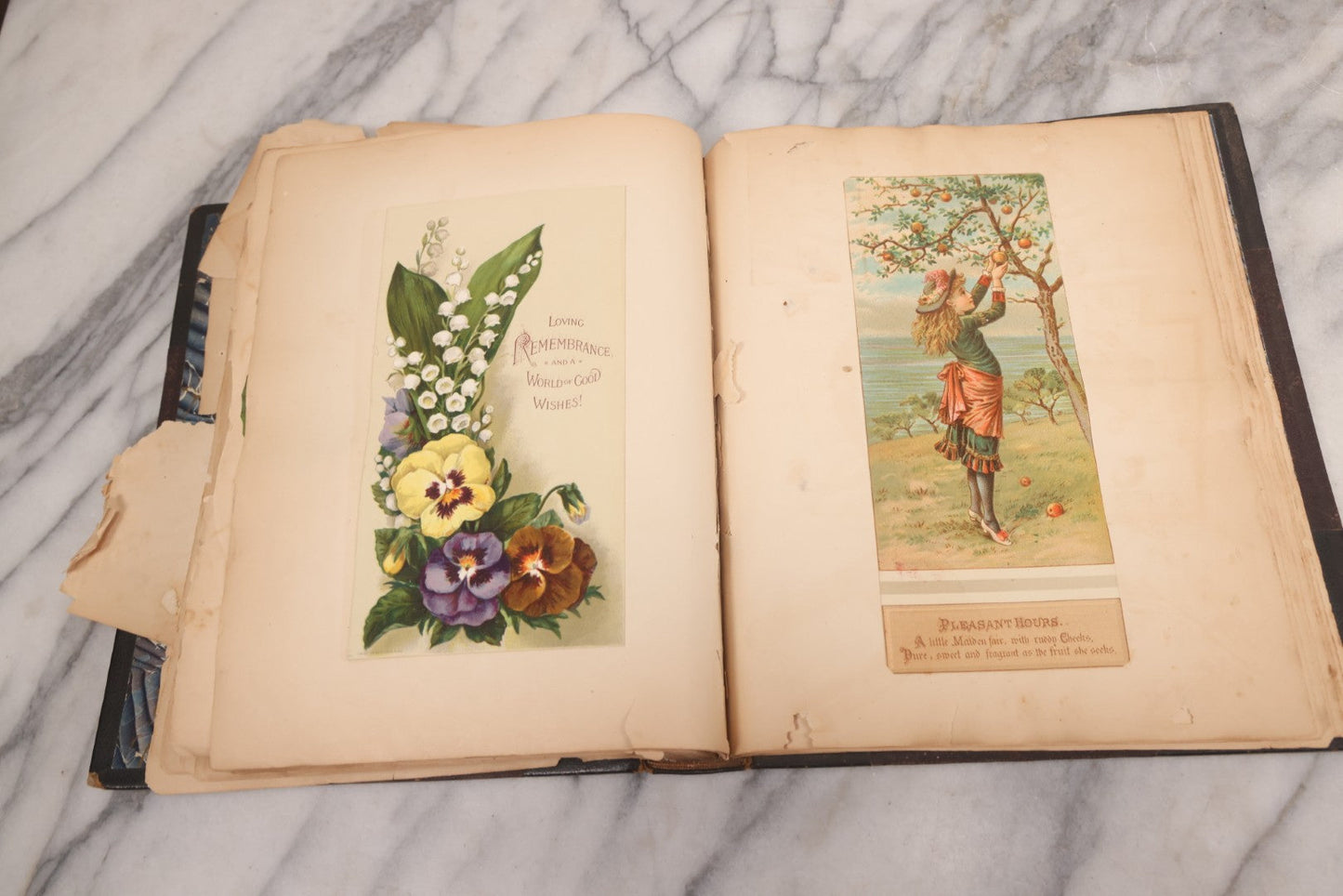 Lot 117 - Antique Victorian Scrapbook "Card Album" Containing 50+ Pieces Including Trade Cards, Die Cuts, Calling Cards, And Other Scraps