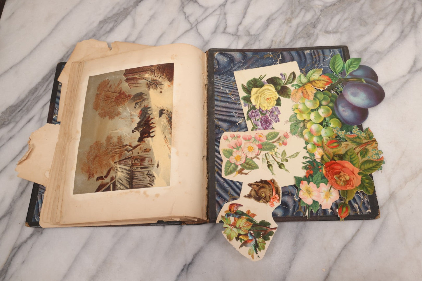 Lot 117 - Antique Victorian Scrapbook "Card Album" Containing 50+ Pieces Including Trade Cards, Die Cuts, Calling Cards, And Other Scraps