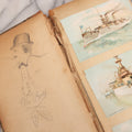 Lot 118 - Antique Scrapbook Album Made From An Old Cash Book Ledger Containing 15 Lithographed Card Featuring United States Battleships Of The Spanish American War Era, Cards Copyright 1898 By Koerner & Hayes, With Four Additional Cards, Doodles, Etc.