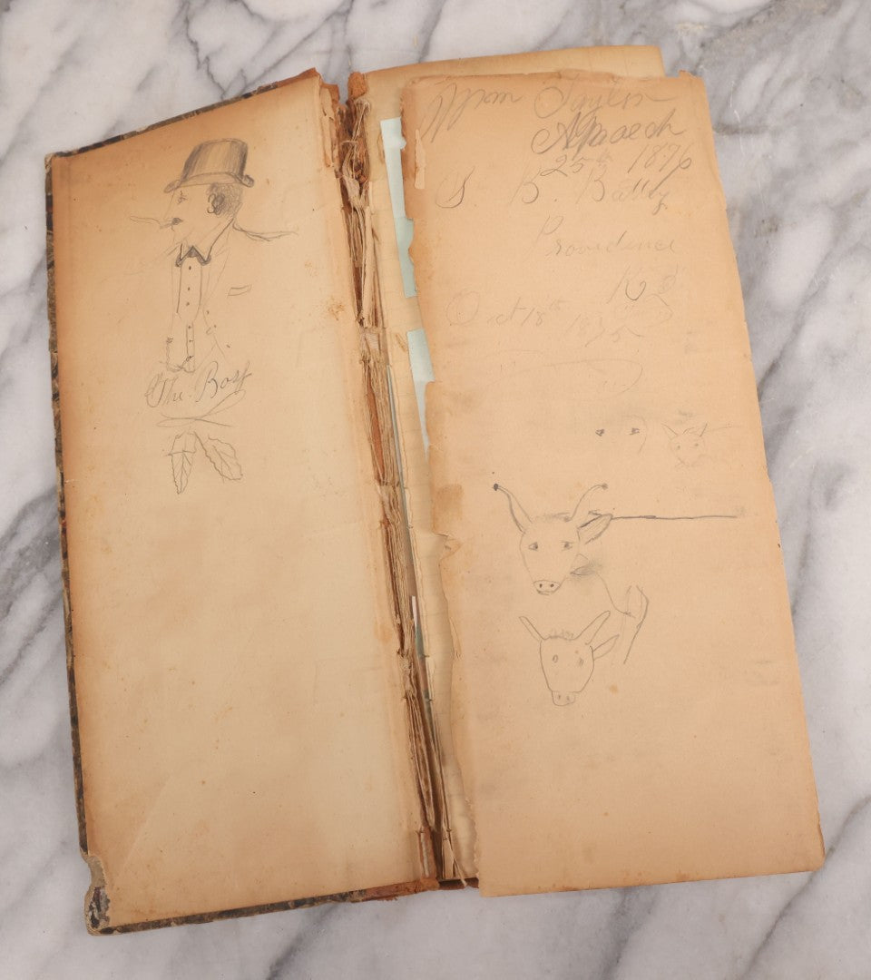 Lot 118 - Antique Scrapbook Album Made From An Old Cash Book Ledger Containing 15 Lithographed Card Featuring United States Battleships Of The Spanish American War Era, Cards Copyright 1898 By Koerner & Hayes, With Four Additional Cards, Doodles, Etc.