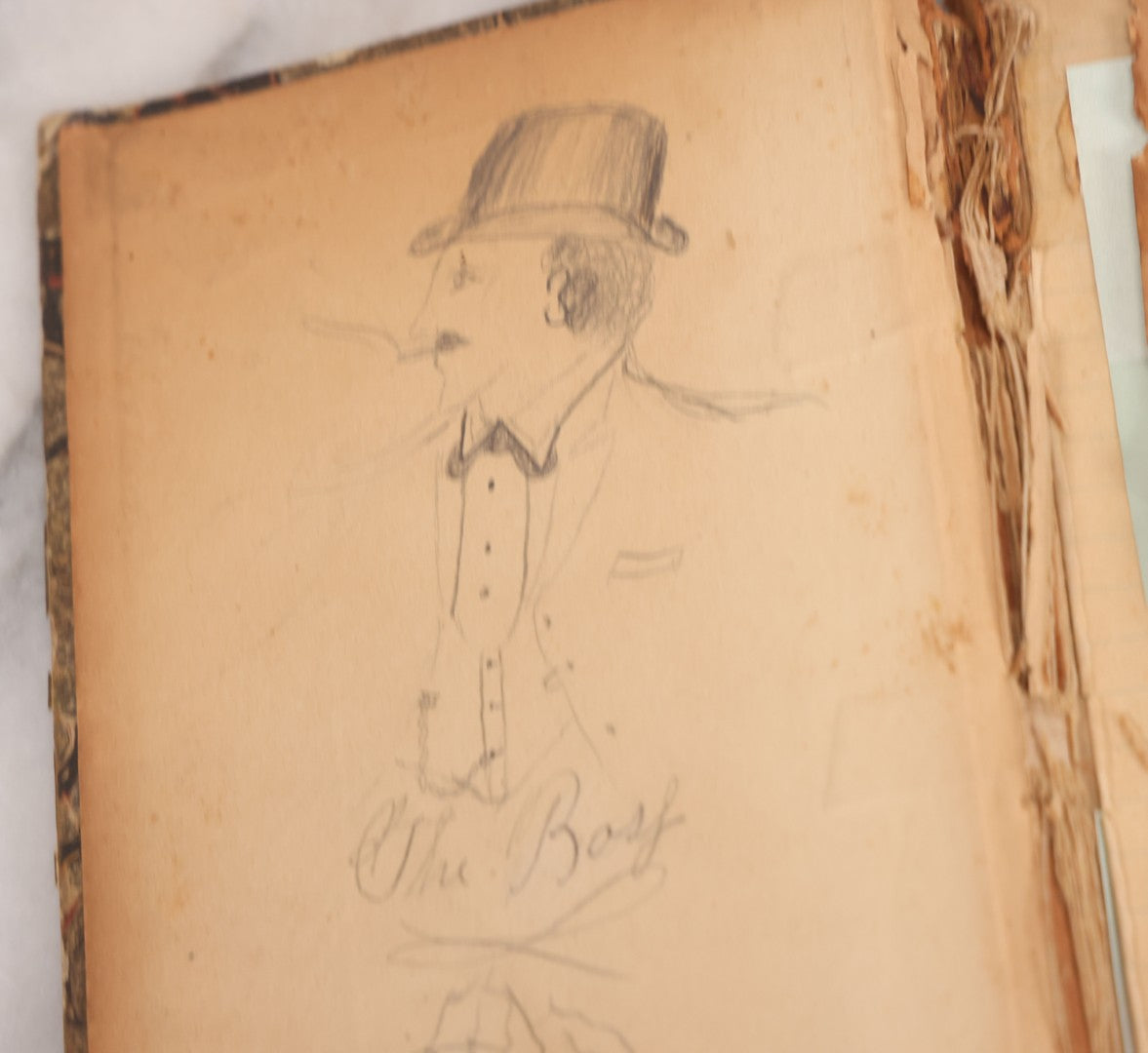 Lot 118 - Antique Scrapbook Album Made From An Old Cash Book Ledger Containing 15 Lithographed Card Featuring United States Battleships Of The Spanish American War Era, Cards Copyright 1898 By Koerner & Hayes, With Four Additional Cards, Doodles, Etc.