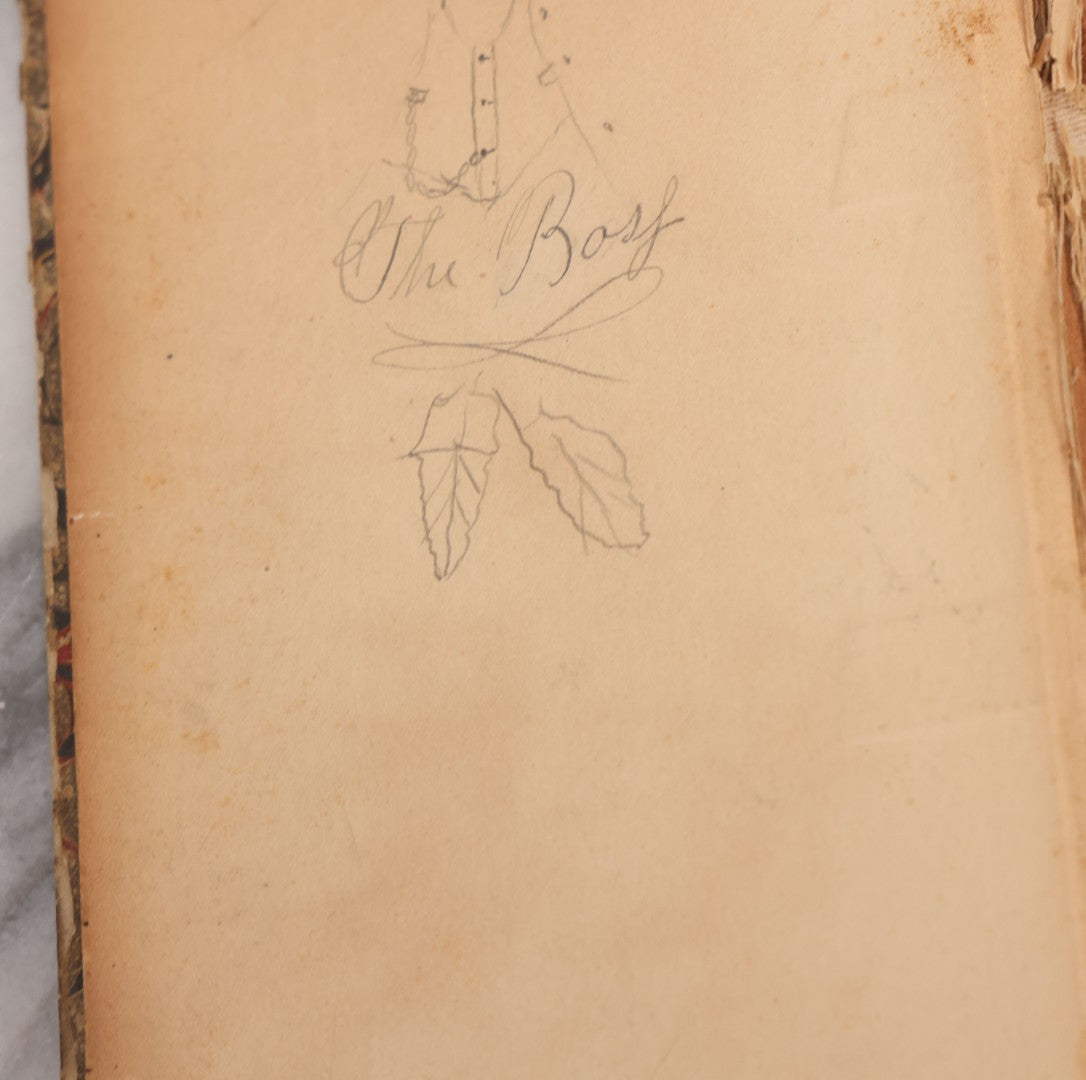 Lot 118 - Antique Scrapbook Album Made From An Old Cash Book Ledger Containing 15 Lithographed Card Featuring United States Battleships Of The Spanish American War Era, Cards Copyright 1898 By Koerner & Hayes, With Four Additional Cards, Doodles, Etc.