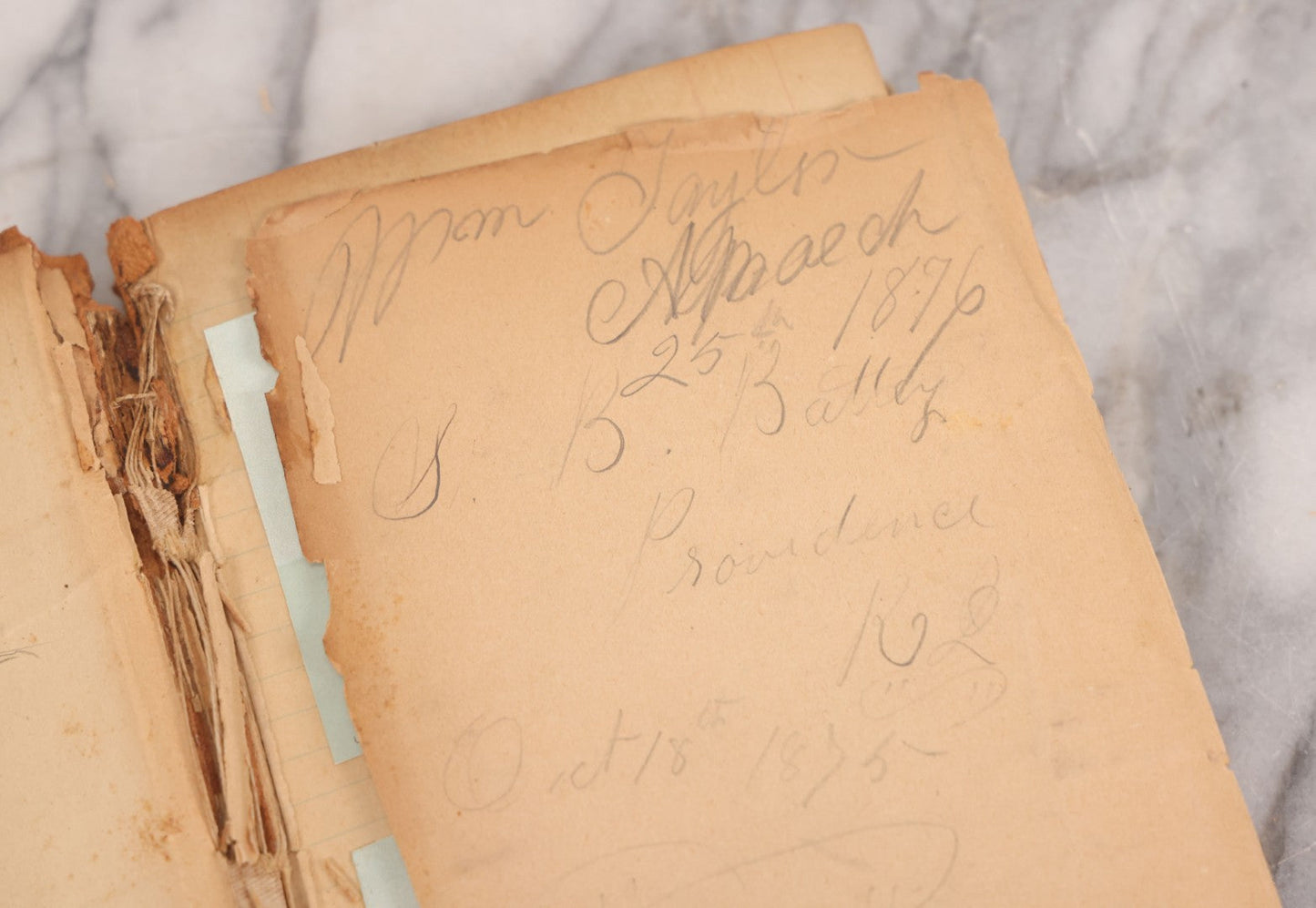 Lot 118 - Antique Scrapbook Album Made From An Old Cash Book Ledger Containing 15 Lithographed Card Featuring United States Battleships Of The Spanish American War Era, Cards Copyright 1898 By Koerner & Hayes, With Four Additional Cards, Doodles, Etc.