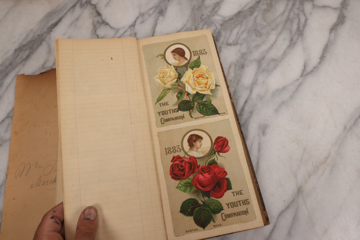 Lot 118 - Antique Scrapbook Album Made From An Old Cash Book Ledger Containing 15 Lithographed Card Featuring United States Battleships Of The Spanish American War Era, Cards Copyright 1898 By Koerner & Hayes, With Four Additional Cards, Doodles, Etc.