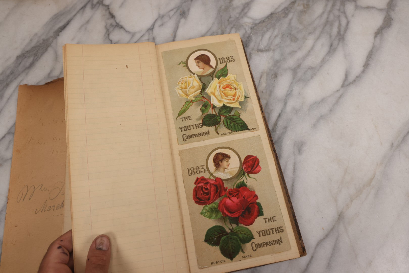 Lot 118 - Antique Scrapbook Album Made From An Old Cash Book Ledger Containing 15 Lithographed Card Featuring United States Battleships Of The Spanish American War Era, Cards Copyright 1898 By Koerner & Hayes, With Four Additional Cards, Doodles, Etc.