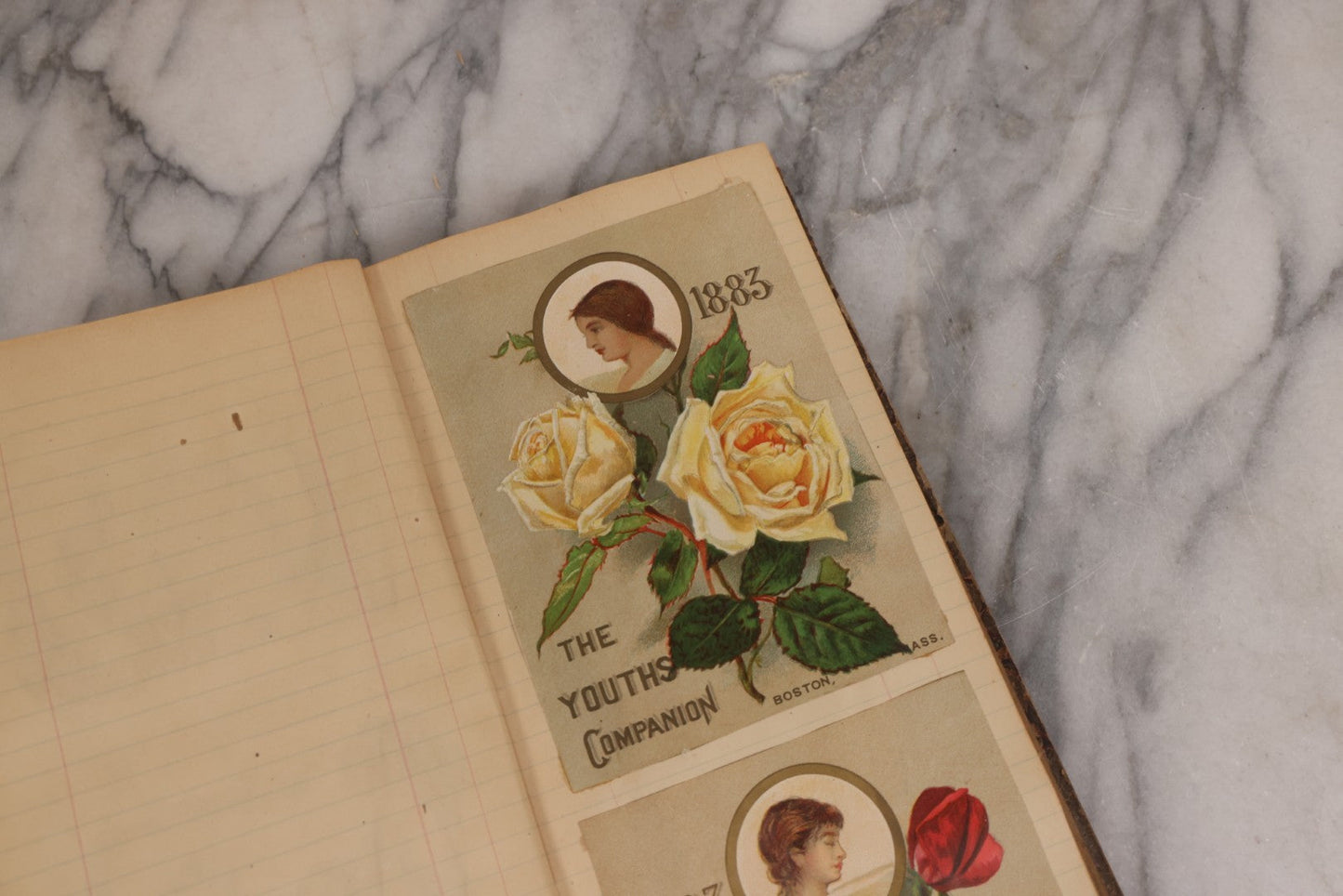 Lot 118 - Antique Scrapbook Album Made From An Old Cash Book Ledger Containing 15 Lithographed Card Featuring United States Battleships Of The Spanish American War Era, Cards Copyright 1898 By Koerner & Hayes, With Four Additional Cards, Doodles, Etc.