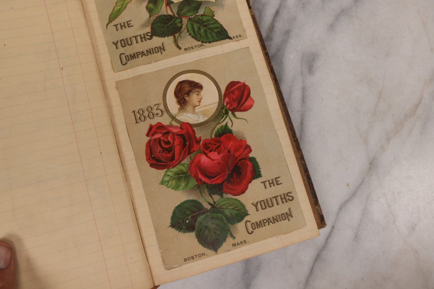 Lot 118 - Antique Scrapbook Album Made From An Old Cash Book Ledger Containing 15 Lithographed Card Featuring United States Battleships Of The Spanish American War Era, Cards Copyright 1898 By Koerner & Hayes, With Four Additional Cards, Doodles, Etc.