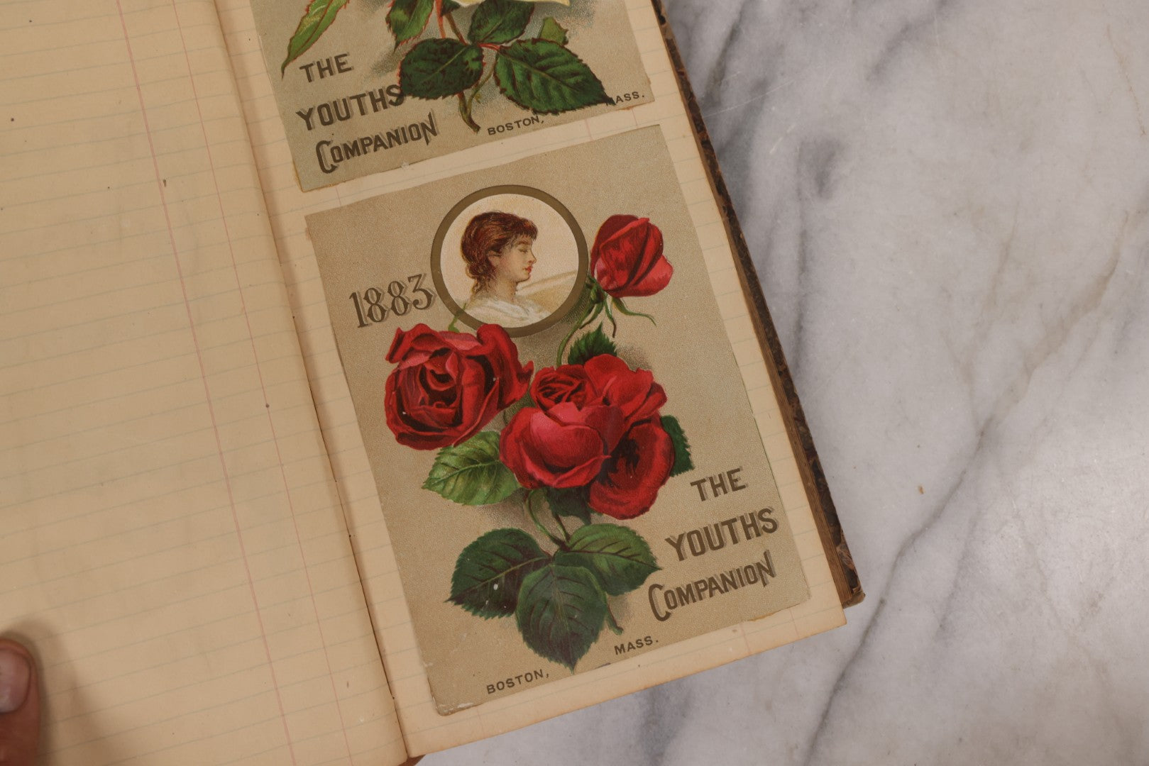 Lot 118 - Antique Scrapbook Album Made From An Old Cash Book Ledger Containing 15 Lithographed Card Featuring United States Battleships Of The Spanish American War Era, Cards Copyright 1898 By Koerner & Hayes, With Four Additional Cards, Doodles, Etc.