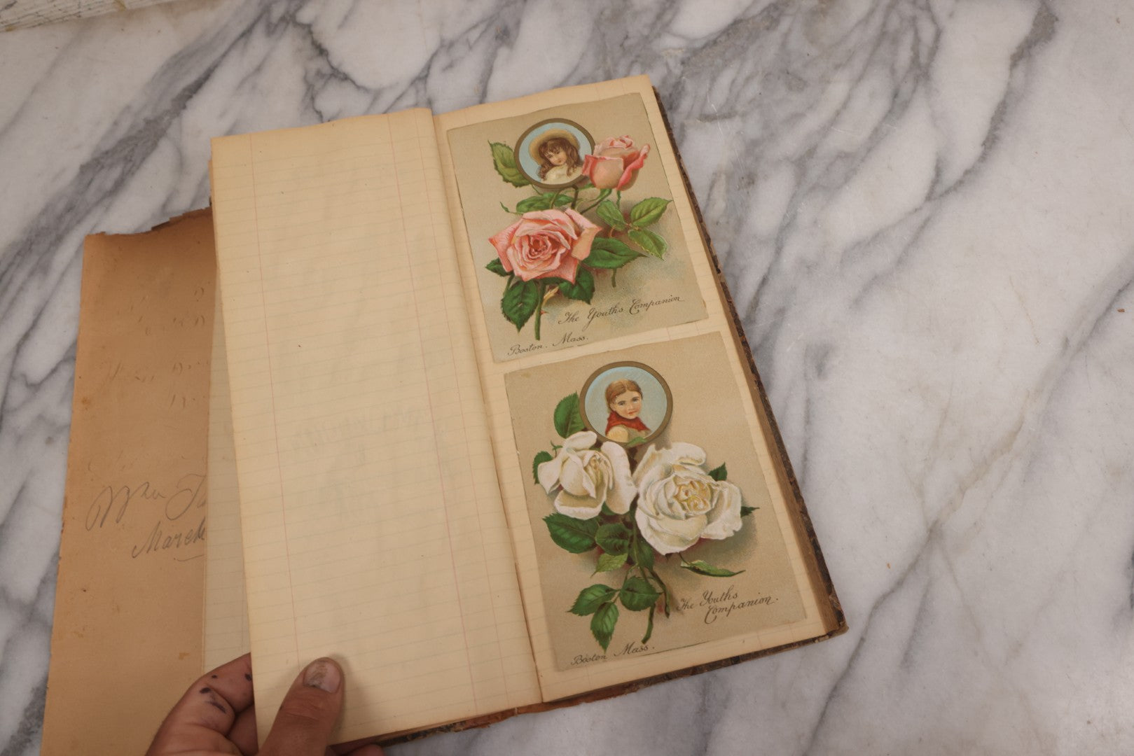 Lot 118 - Antique Scrapbook Album Made From An Old Cash Book Ledger Containing 15 Lithographed Card Featuring United States Battleships Of The Spanish American War Era, Cards Copyright 1898 By Koerner & Hayes, With Four Additional Cards, Doodles, Etc.