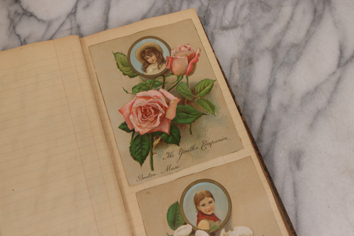Lot 118 - Antique Scrapbook Album Made From An Old Cash Book Ledger Containing 15 Lithographed Card Featuring United States Battleships Of The Spanish American War Era, Cards Copyright 1898 By Koerner & Hayes, With Four Additional Cards, Doodles, Etc.