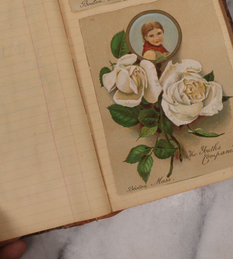 Lot 118 - Antique Scrapbook Album Made From An Old Cash Book Ledger Containing 15 Lithographed Card Featuring United States Battleships Of The Spanish American War Era, Cards Copyright 1898 By Koerner & Hayes, With Four Additional Cards, Doodles, Etc.