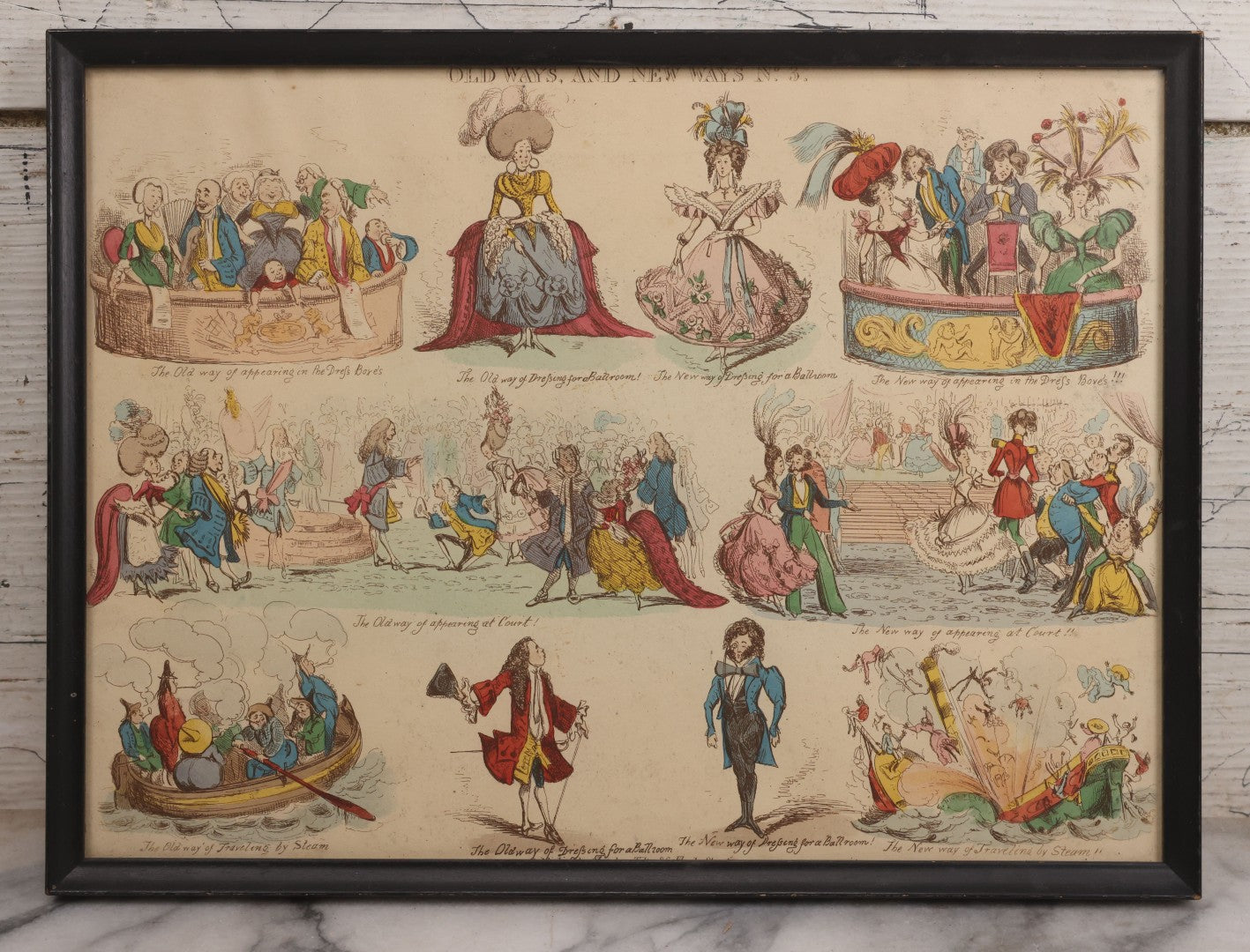 Lot 119 - Antique Hand Colored Comic Etching Titled "New Ways And Old Ways No. 3" From Book Of The Same Title, Designed And Etched By Henry Heath, Circa Mid 19th Century, In Frame, 13" x 9-7/8"