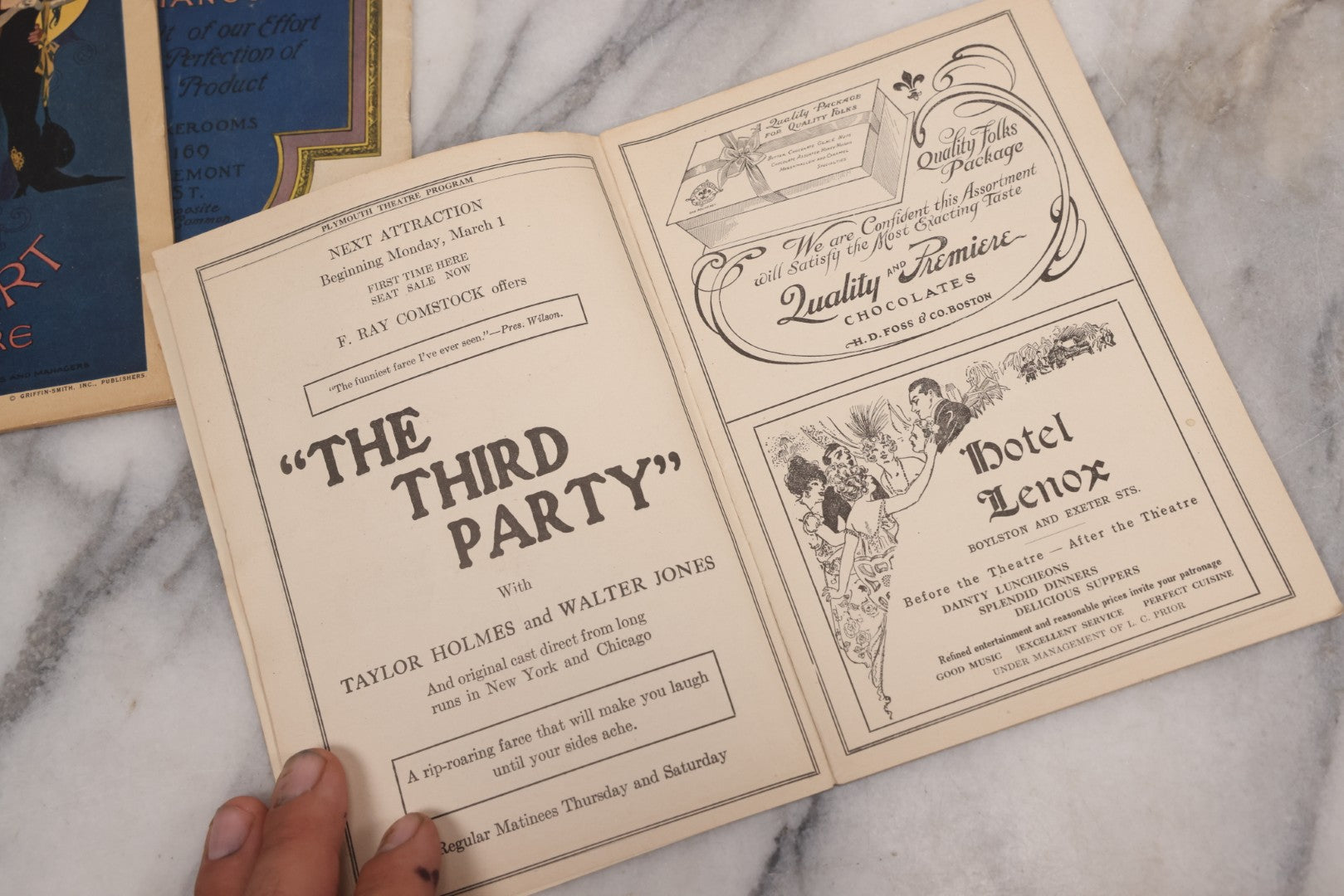 Lot 120 - Grouping Of Three Antique Theater Programs Including Two From The Sam S. Shubert Theatre, And One From Plymouth Theatre, Both In Boston, Circa 1920s