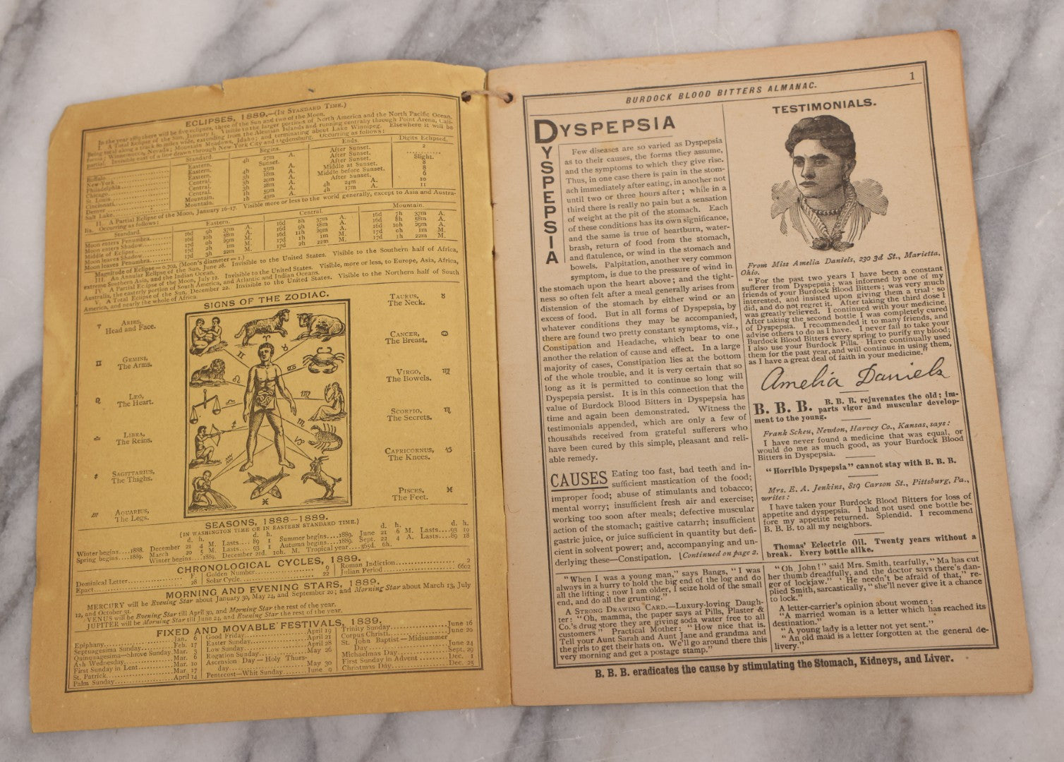 Lot 121 - Pair Of Antique Almanacs Advertising Burdock Blood Bitters, Key To Health, Patent Medicine, 1889, By Foster, Milburn & Co., Buffalo, New York