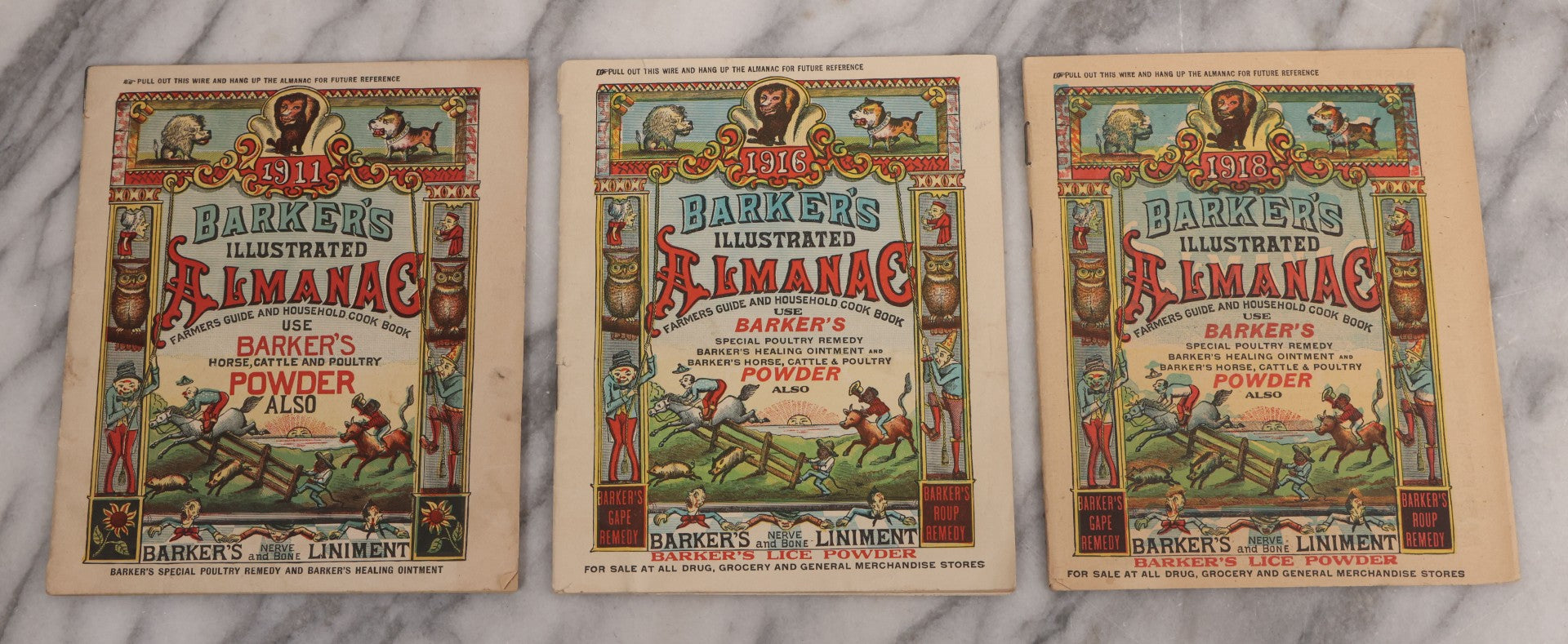 Lot 122 - Grouping Of Three "Barker's Illustrated Almanac" Advertising Numerous Patent Medicines Including Nerve And Bone Liniment, Others, For 1911, 1916, And 1918, With Comic Illustrations