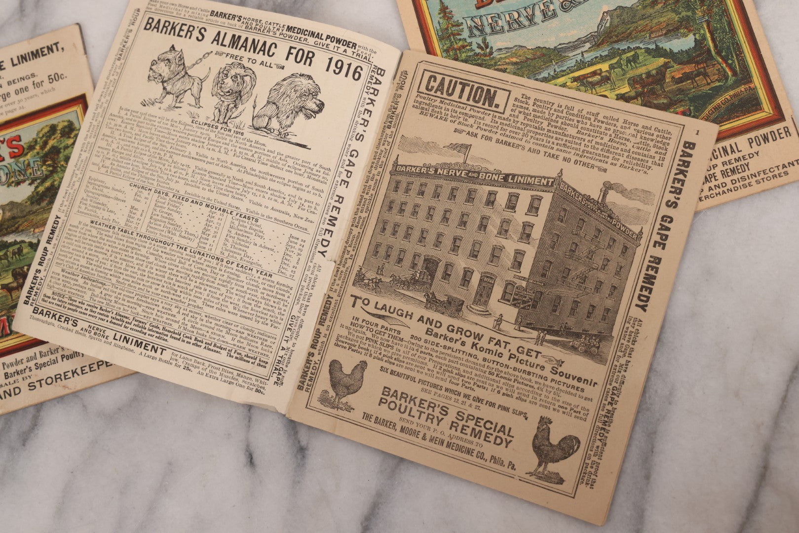 Lot 122 - Grouping Of Three "Barker's Illustrated Almanac" Advertising Numerous Patent Medicines Including Nerve And Bone Liniment, Others, For 1911, 1916, And 1918, With Comic Illustrations