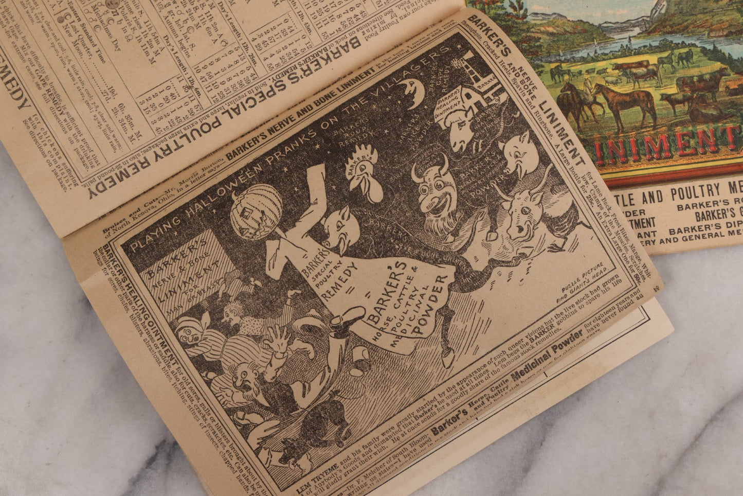 Lot 122 - Grouping Of Three "Barker's Illustrated Almanac" Advertising Numerous Patent Medicines Including Nerve And Bone Liniment, Others, For 1911, 1916, And 1918, With Comic Illustrations