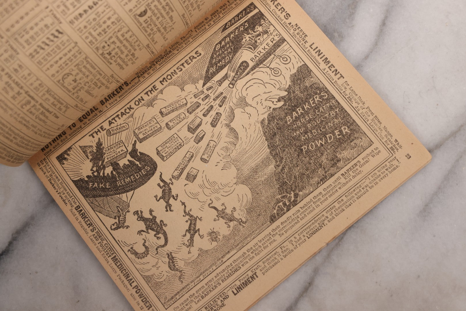 Lot 122 - Grouping Of Three "Barker's Illustrated Almanac" Advertising Numerous Patent Medicines Including Nerve And Bone Liniment, Others, For 1911, 1916, And 1918, With Comic Illustrations