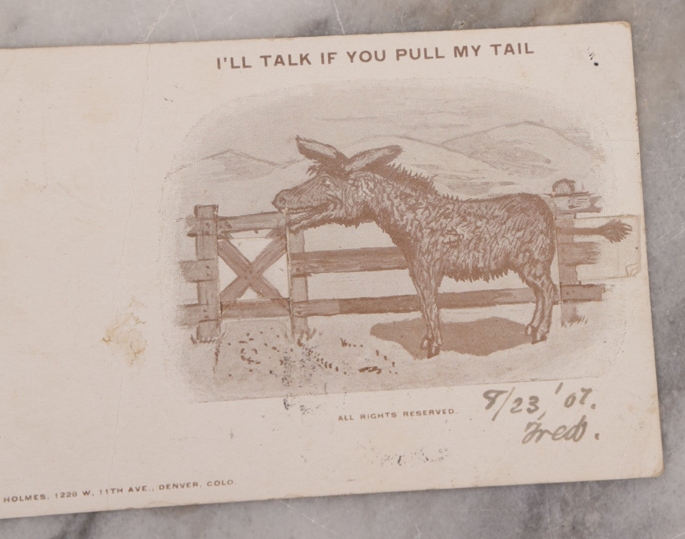Lot 123 - Single Antique Mechanical Paper Postcard, Donkey, "I'll Talk If You Pull My Tail," Pulling Tail Reveals Message, "Hello My Long Lost Brother," W.S. Holmes, Publisher, Denver, Colorado, Signed Fred, 1907, Postmarked