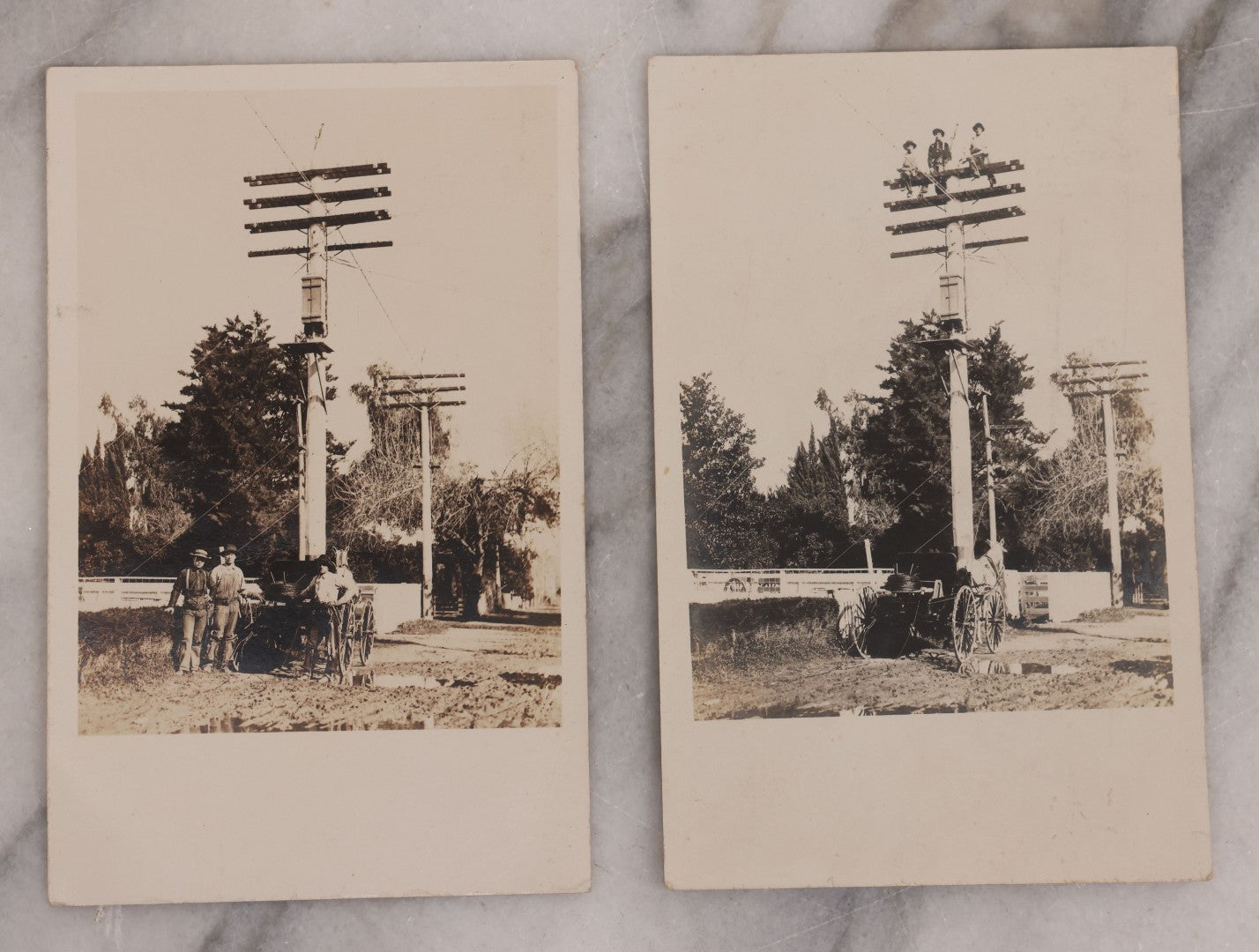 Lot 124 - Pair Of Antique Occupational Real Photo Postcards R.P.P.C. Of Linemen Posing With Early Power Lines, Including Posing At Top Of Pole, With Horse Drawn Cart, No Postmark, Circa 1905-1910