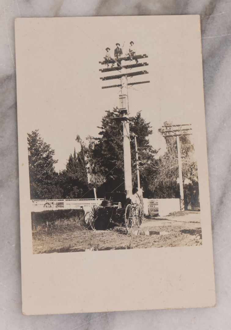 Lot 124 - Pair Of Antique Occupational Real Photo Postcards R.P.P.C. Of Linemen Posing With Early Power Lines, Including Posing At Top Of Pole, With Horse Drawn Cart, No Postmark, Circa 1905-1910