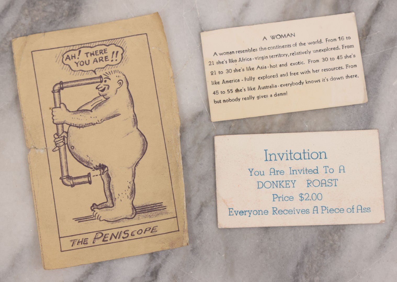 Lot 126 - Grouping Of Three Antique And Vintage Humorous Novelty Scraps Including Invitation To A Donkey Roast, "Everyone Receives A Piece Of Ass," The "Peniscope" Printed Illustration, "A Woman" Card
