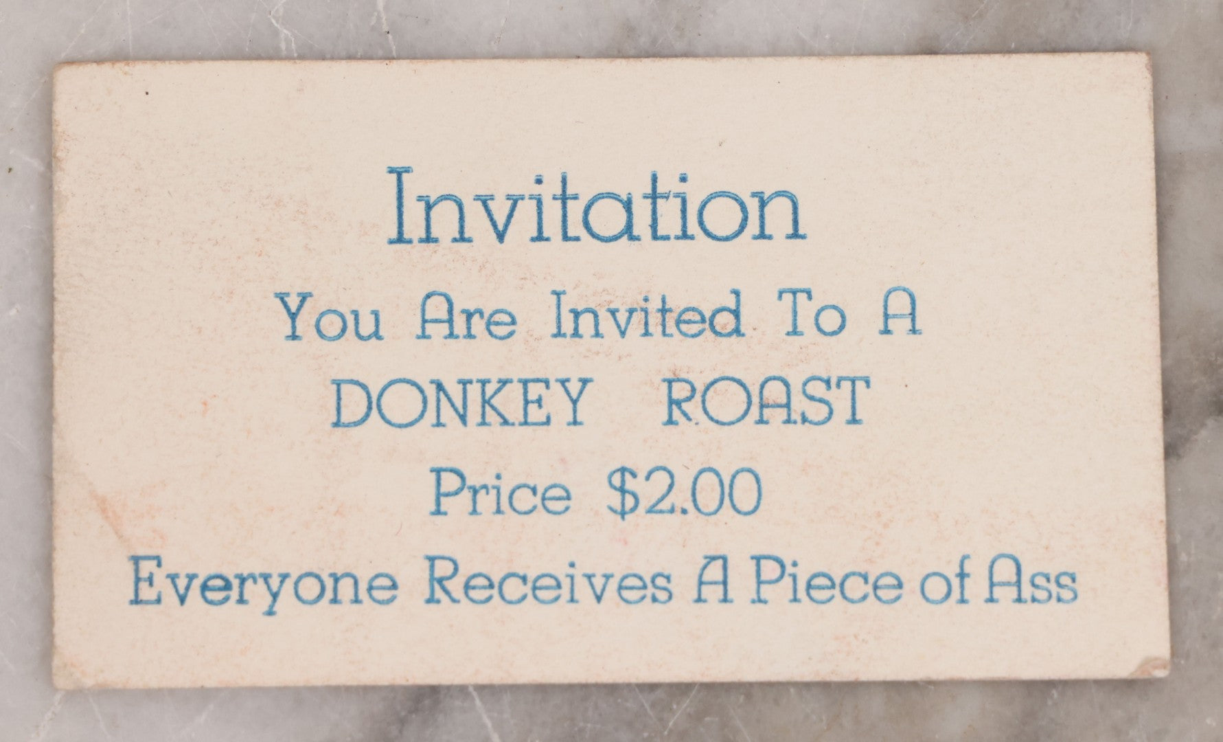 Lot 126 - Grouping Of Three Antique And Vintage Humorous Novelty Scraps Including Invitation To A Donkey Roast, "Everyone Receives A Piece Of Ass," The "Peniscope" Printed Illustration, "A Woman" Card