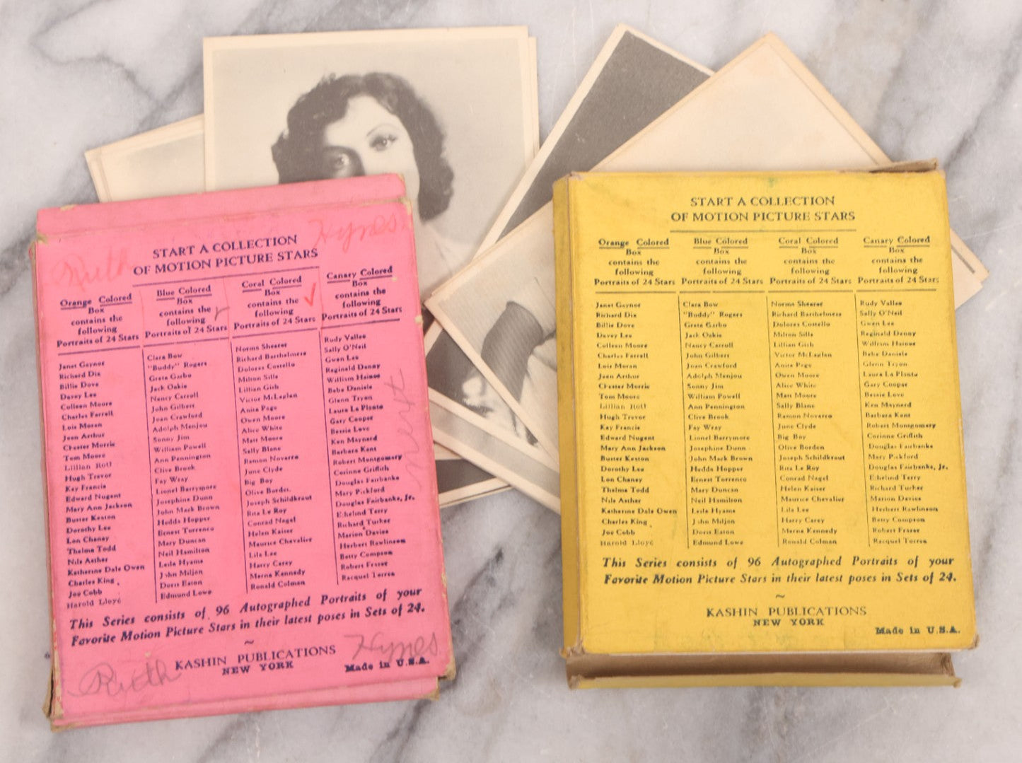 Lot 127 - Pair Of "Latest Portraits Motion Picture Stars" Photo Packs With Extras, Faux Autographs, By Kashin Publications, New York, Made In U.S.A.