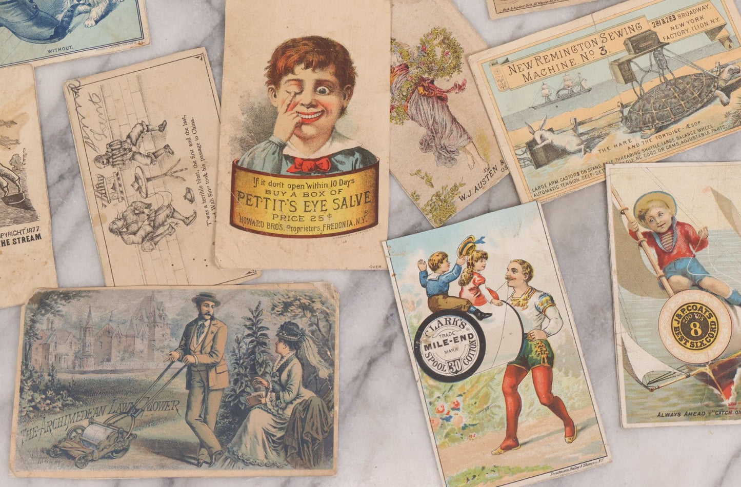 Lot 131 - Grouping Of Fifteen Antique Lithographed Trade Cards Cut From Scrap Albums, Including Petit's Eye Salve, Others, Note All Have Paper Pasted To Backs
