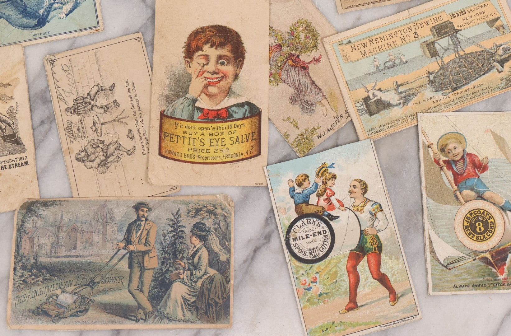 Lot 131 - Grouping Of Fifteen Antique Lithographed Trade Cards Cut From Scrap Albums, Including Petit's Eye Salve, Others, Note All Have Paper Pasted To Backs