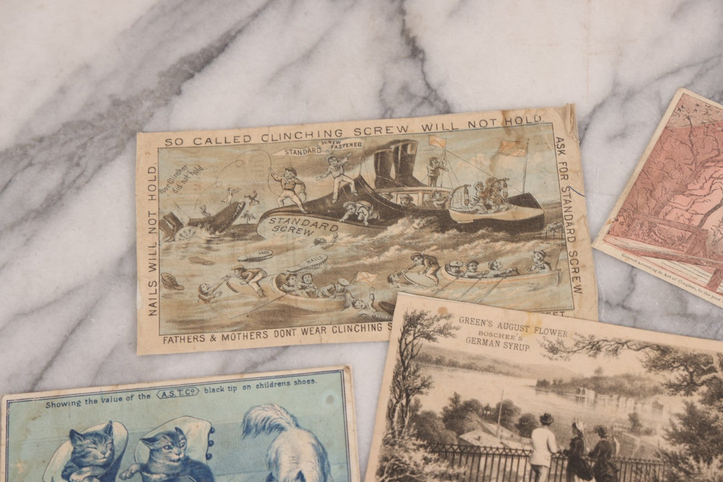 Lot 131 - Grouping Of Fifteen Antique Lithographed Trade Cards Cut From Scrap Albums, Including Petit's Eye Salve, Others, Note All Have Paper Pasted To Backs