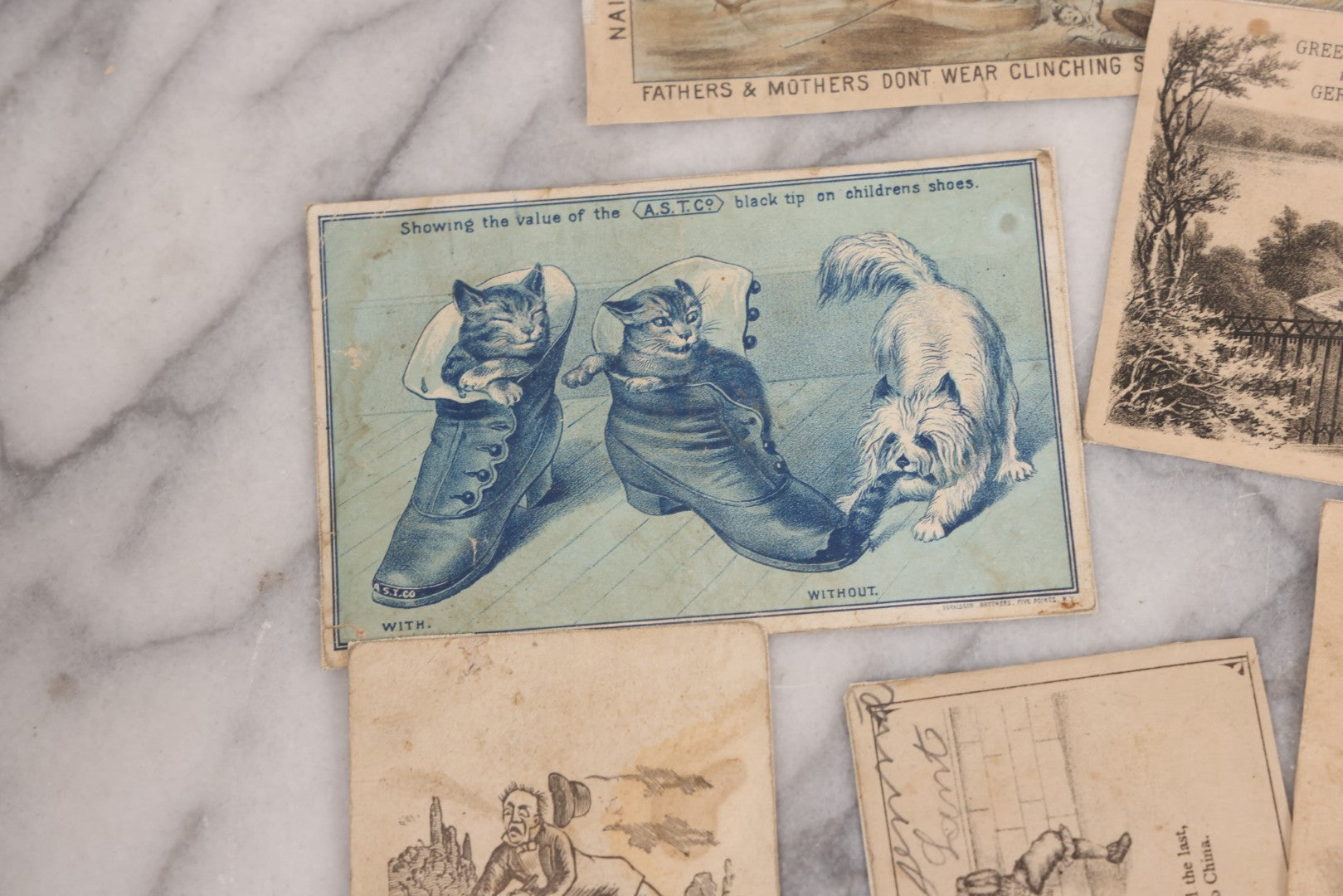 Lot 131 - Grouping Of Fifteen Antique Lithographed Trade Cards Cut From Scrap Albums, Including Petit's Eye Salve, Others, Note All Have Paper Pasted To Backs